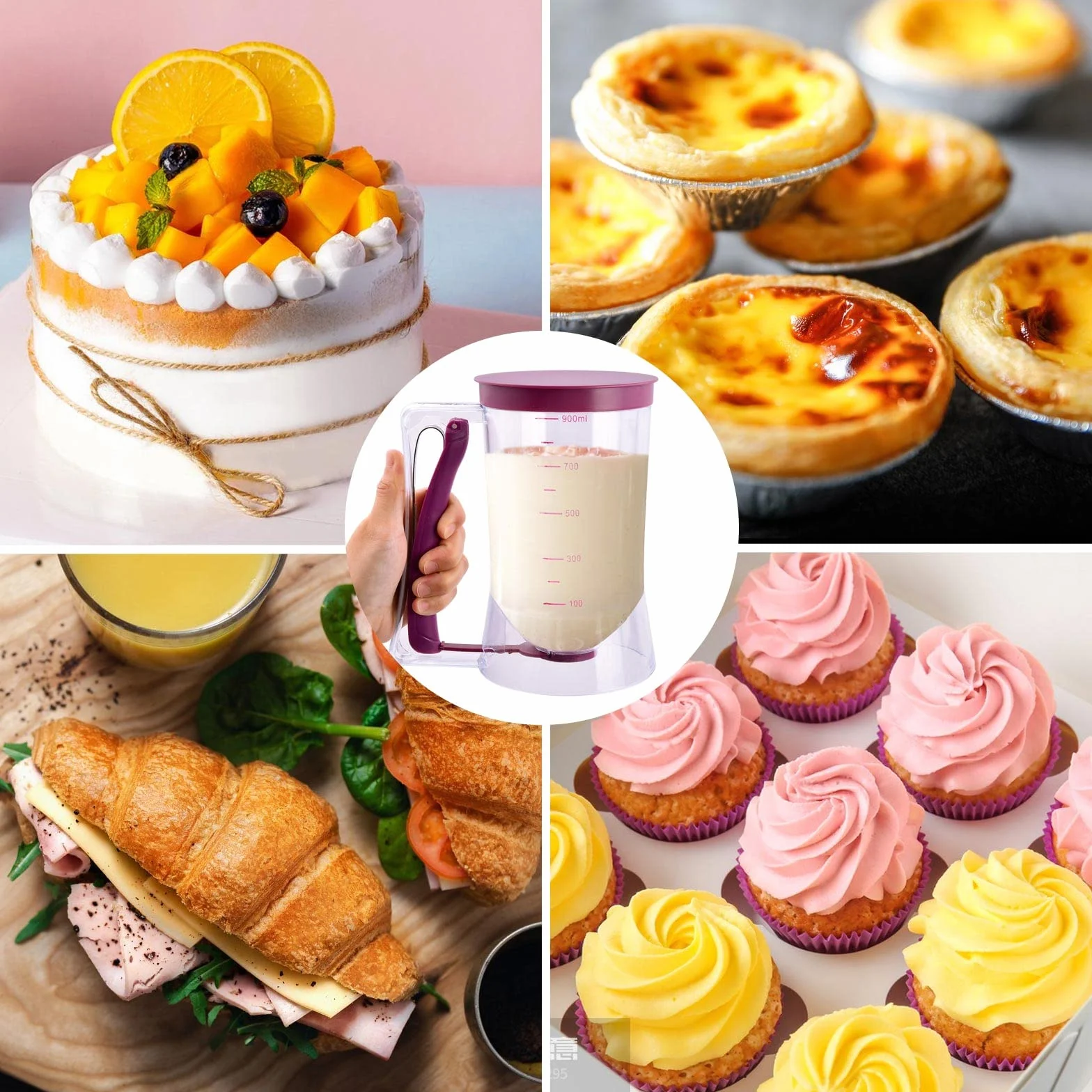 Dozownik do ciasta z pokrywką i skalą, dozownik ciasta, wafli, ciasta, narzędzie do pieczenia, narzędzie DIY, do ciast, naleśników, muffinek – pojemność 900 ml – przezroczyste tworzywo sztuczne