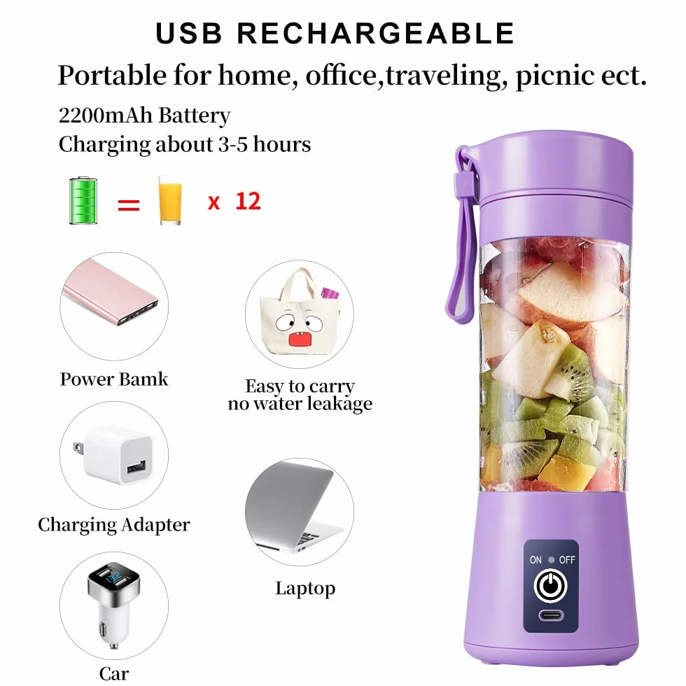 Przenośny blender, osobisty, sokowirówki, 380 ml, ręczny, do owoców, ładowany przez USB, z 6 ostrzami, podróżny do koktajli, jasnofioletowy