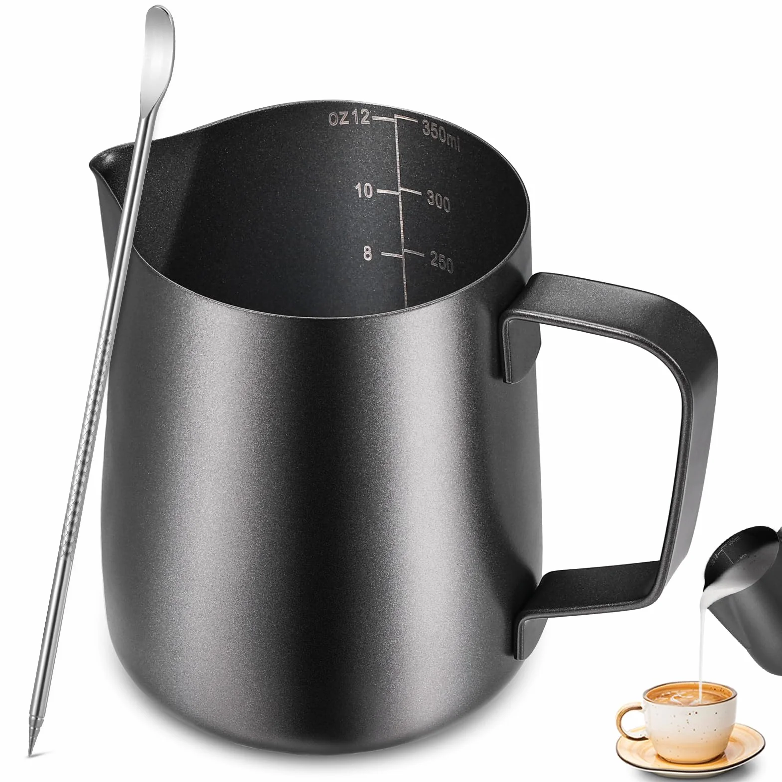 Anpro Metalowy dzbanek do spieniania mleka, 350 ml / 340 ml dzbanek na mleko ze stali nierdzewnej 304 z pisakiem artystycznym do dekoracji latte, metalowe akcesoria baristów do cappuccino latte i
