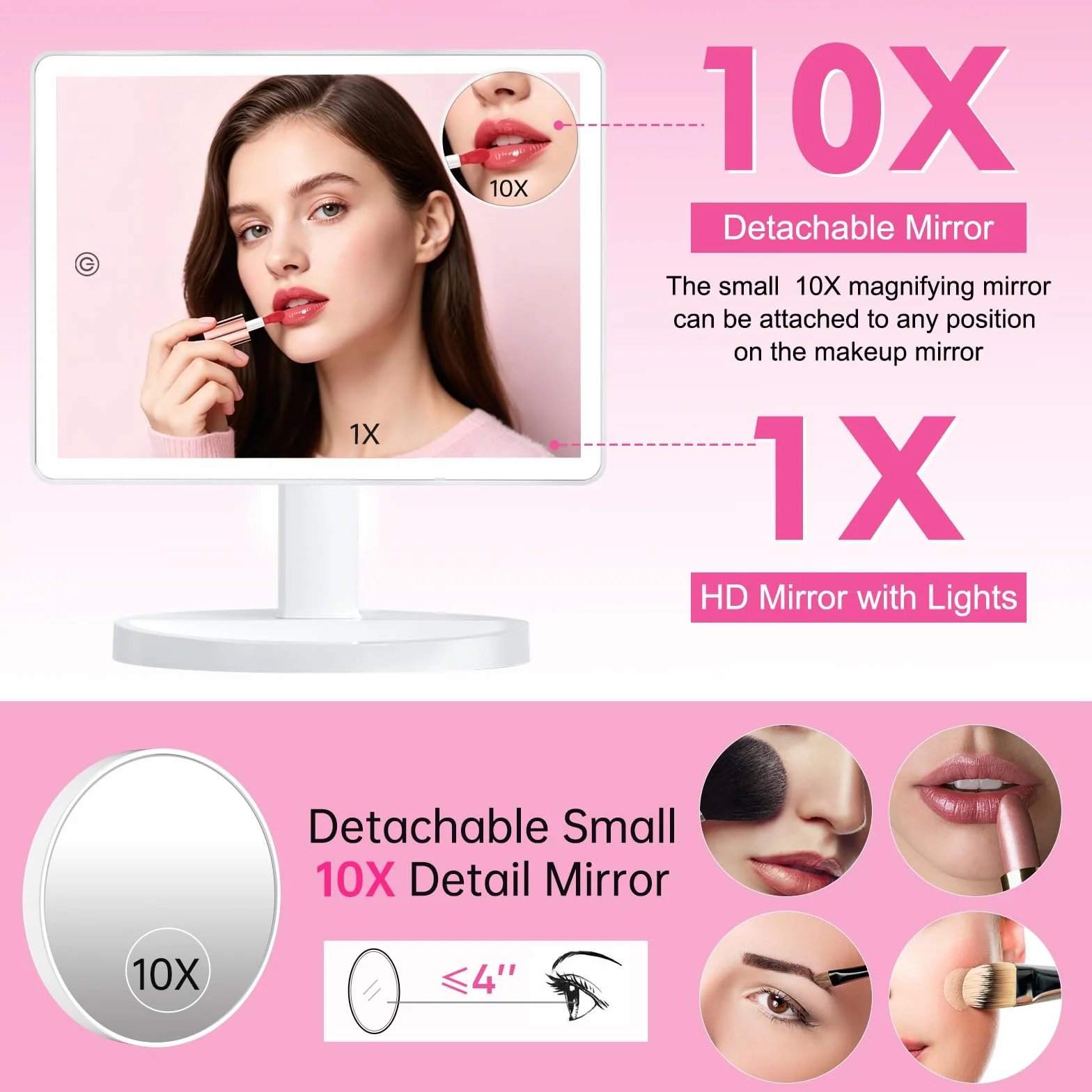 FUNTOUCH Duże podświetlane lustro kosmetyczne do makijażu ze światłem (model X-Large) – 3-kolorowe oświetlenie z 88 diodami LED, obrót 360°, sterowanie dotykowe, powiększenie 10x, przenośne stołowe