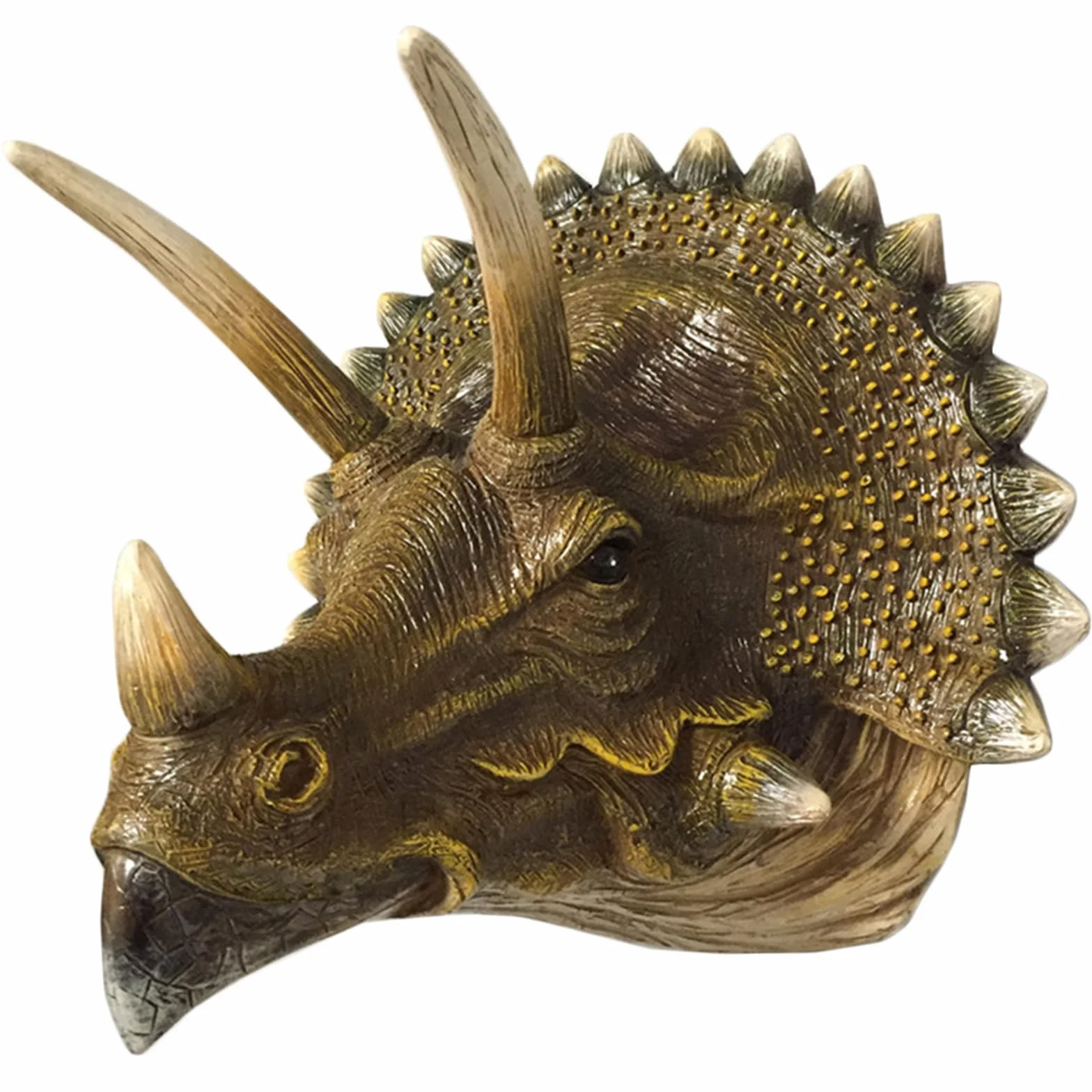 YXCQHZM Głowa dinozaura rzeźba Triceratops montowana na ścianie wisząca dekoracja tablica figurka realistyczna replika ziemia przed czasem epoka lodowcowa dinozaury