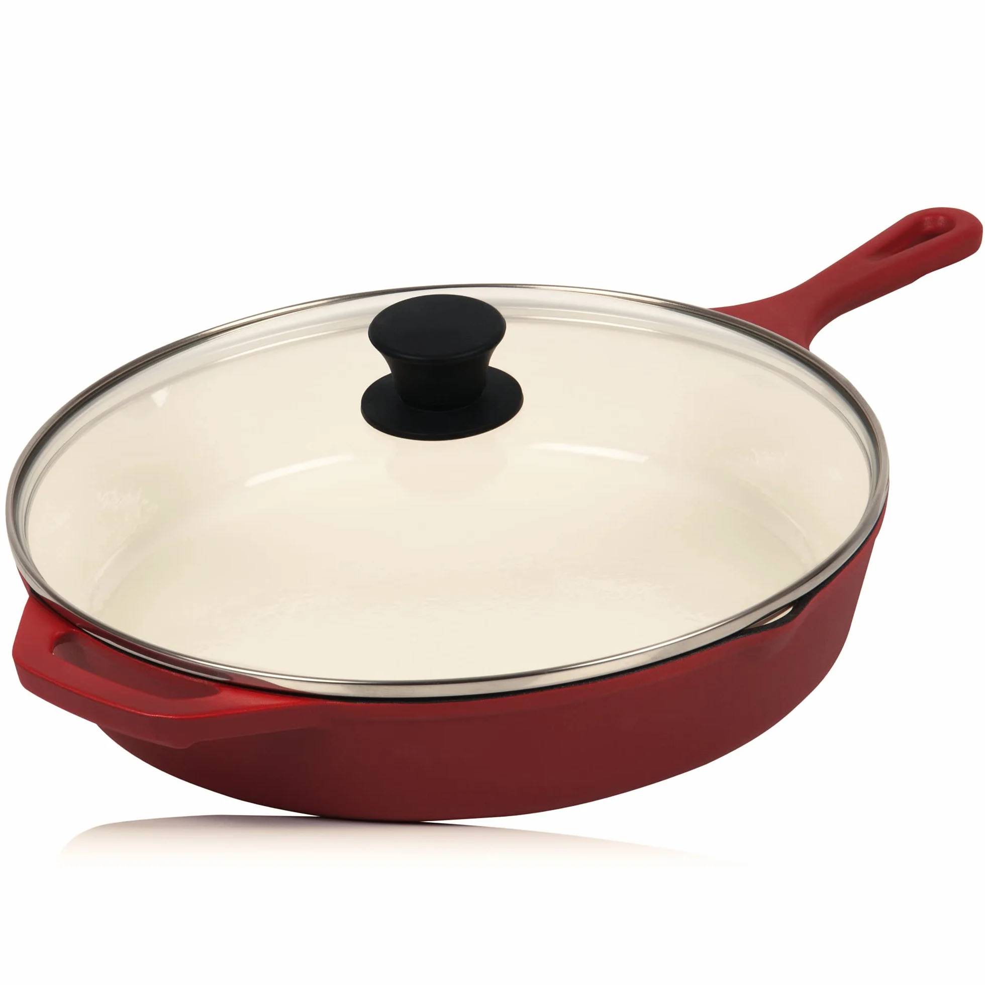 Mahlzeit Patelnia żeliwna z pokrywką | Ø 29,5 cm | Dark Cherry | patelnia z dwoma wylewkami | pokrywka patelni do grillowania, patelnia uniwersalna, patelnia żeliwna, patelnia z pokrywką, wysoka krawędź
