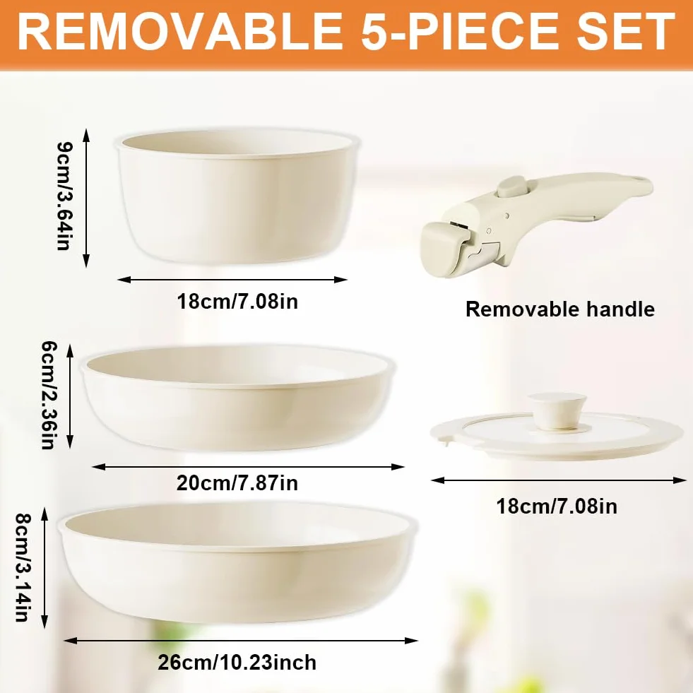 Zestaw naczyń ceramicznych 16/18/20 cm ze zdejmowanym uchwytem i pokrywką 3 w 1, nieprzywierająca do wszystkich rodzajów kuchenek, nadaje się do piekarników, nadaje się do mycia w zmywarce, zajmujący