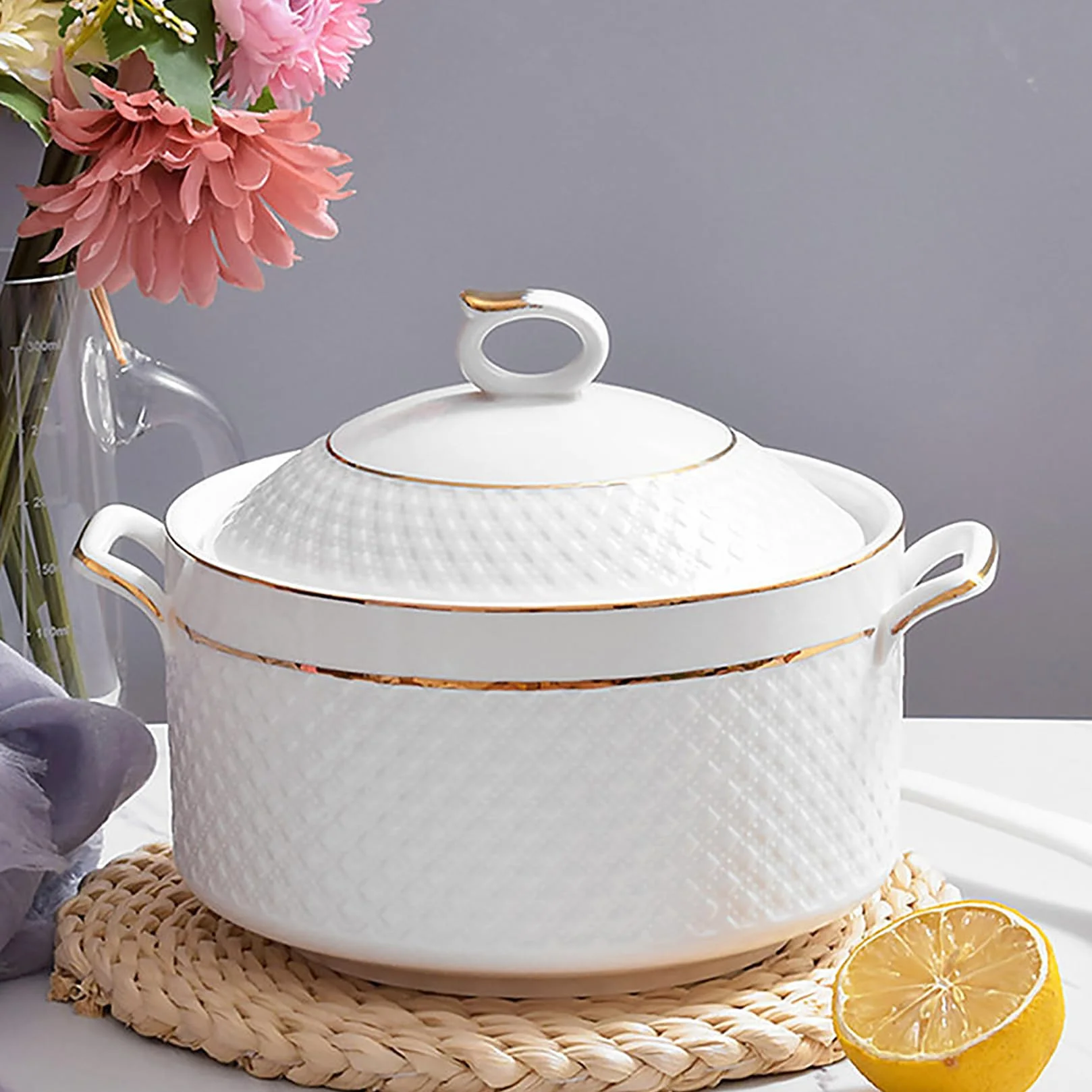 Biała waza do zupy ze złotym wzorem, miska do serwowania zupy z podwójnym uchwytem z pokrywką i łyżką Zastawa stołowa z porcelany kostnej,3.2L