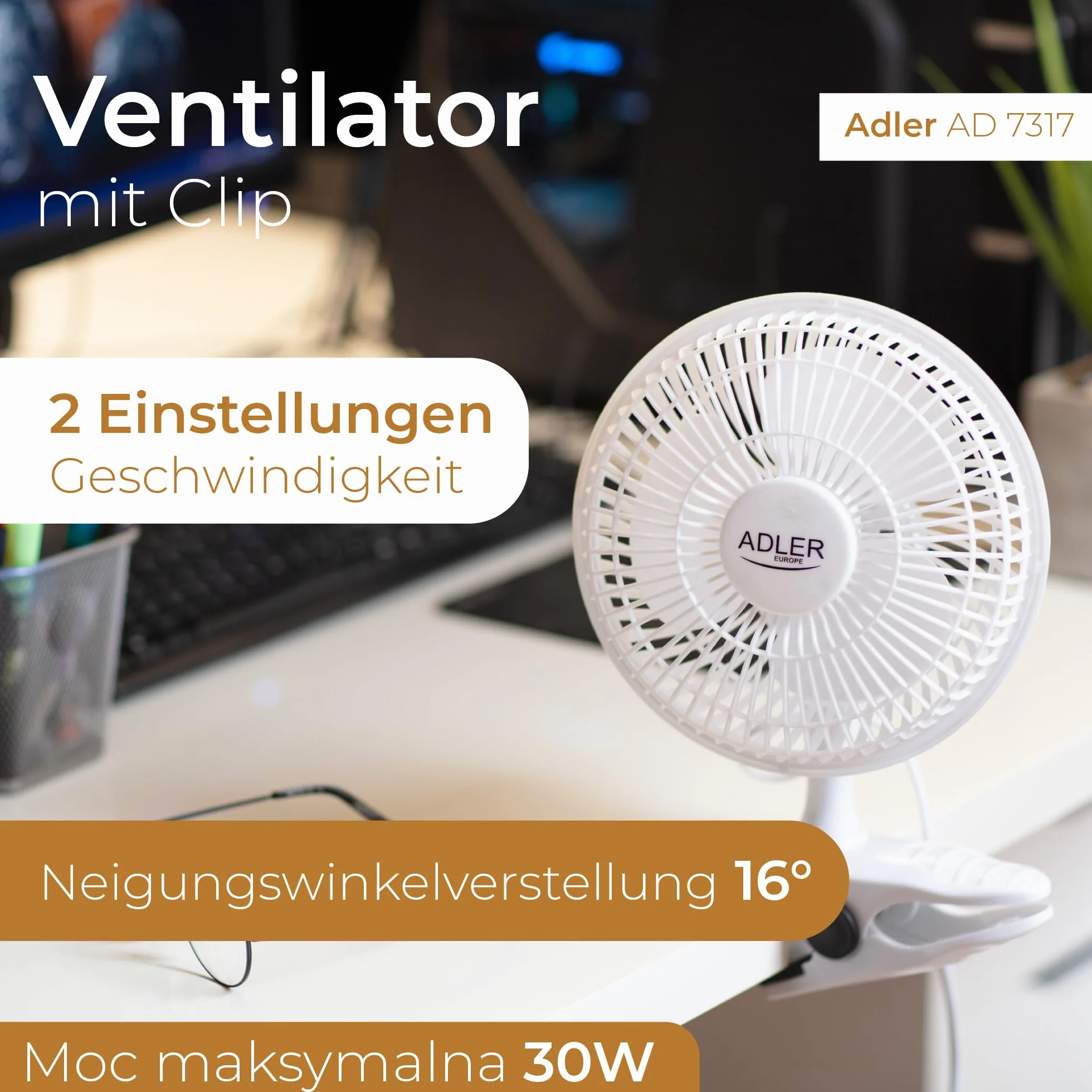 Adler AD 7317 Wentylator 15 cm z klipsem i podstawą