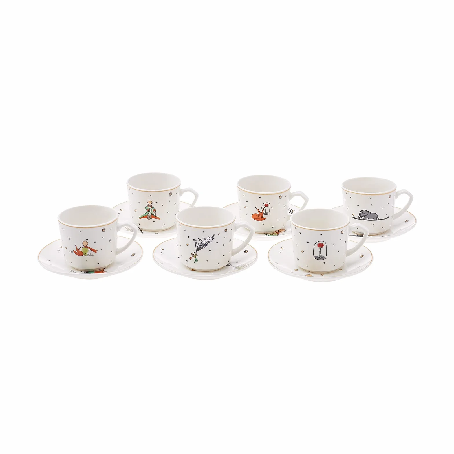 KARACA Le Petit Prince Design Porcelanowe filiżanki do kawy i spodki, zestaw 6 sztuk, białe, wielokolorowe, małe, tureckie filiżanki do kawy, cappuccino, zestaw 12 sztuk, 80 ml