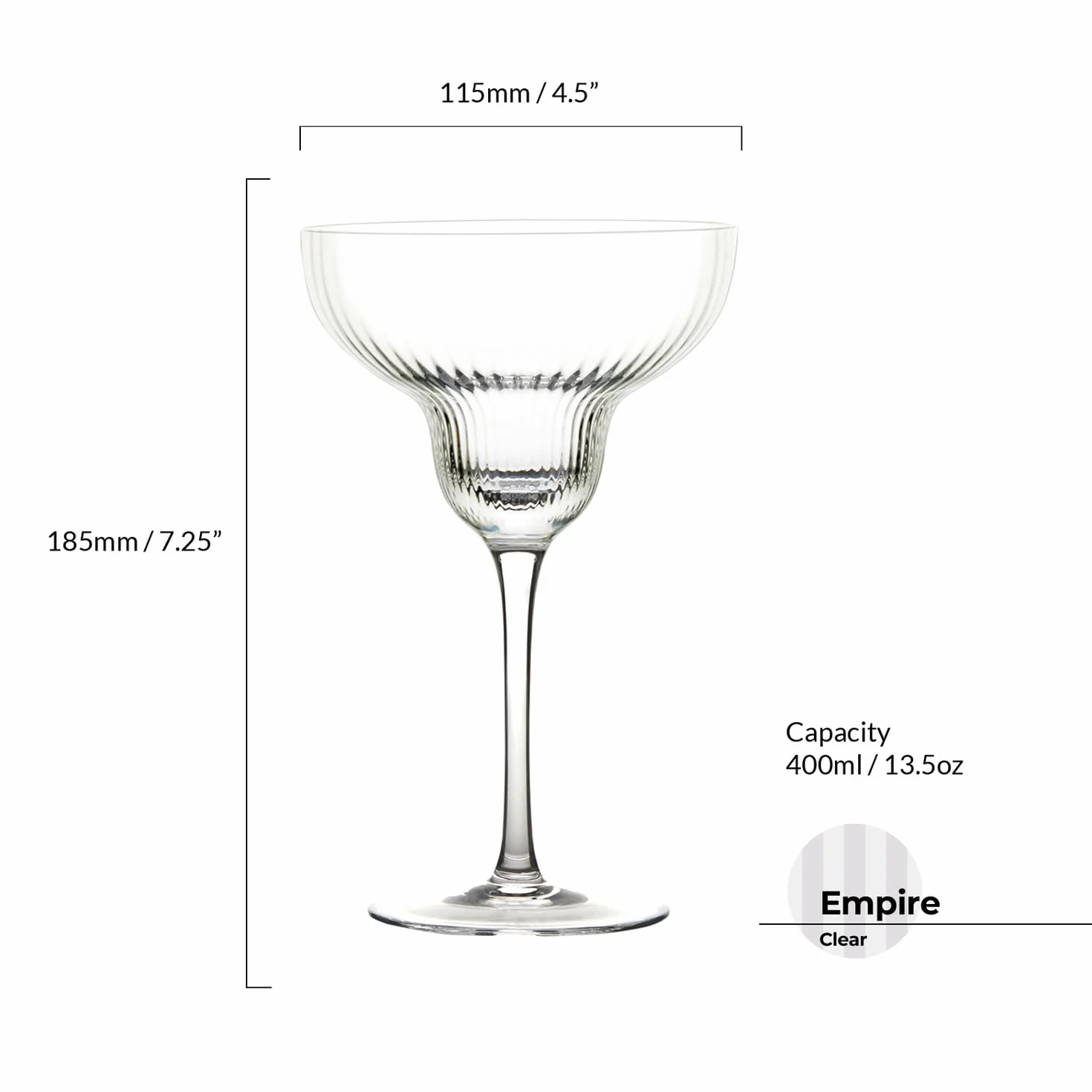 Empire Ręcznie robione kieliszki do margarity idealne do margarity, daiquiris, pina colady lub deserów - 400 ml - Przezroczyste - Zestaw 2 eleganckich kieliszków koktajlowych