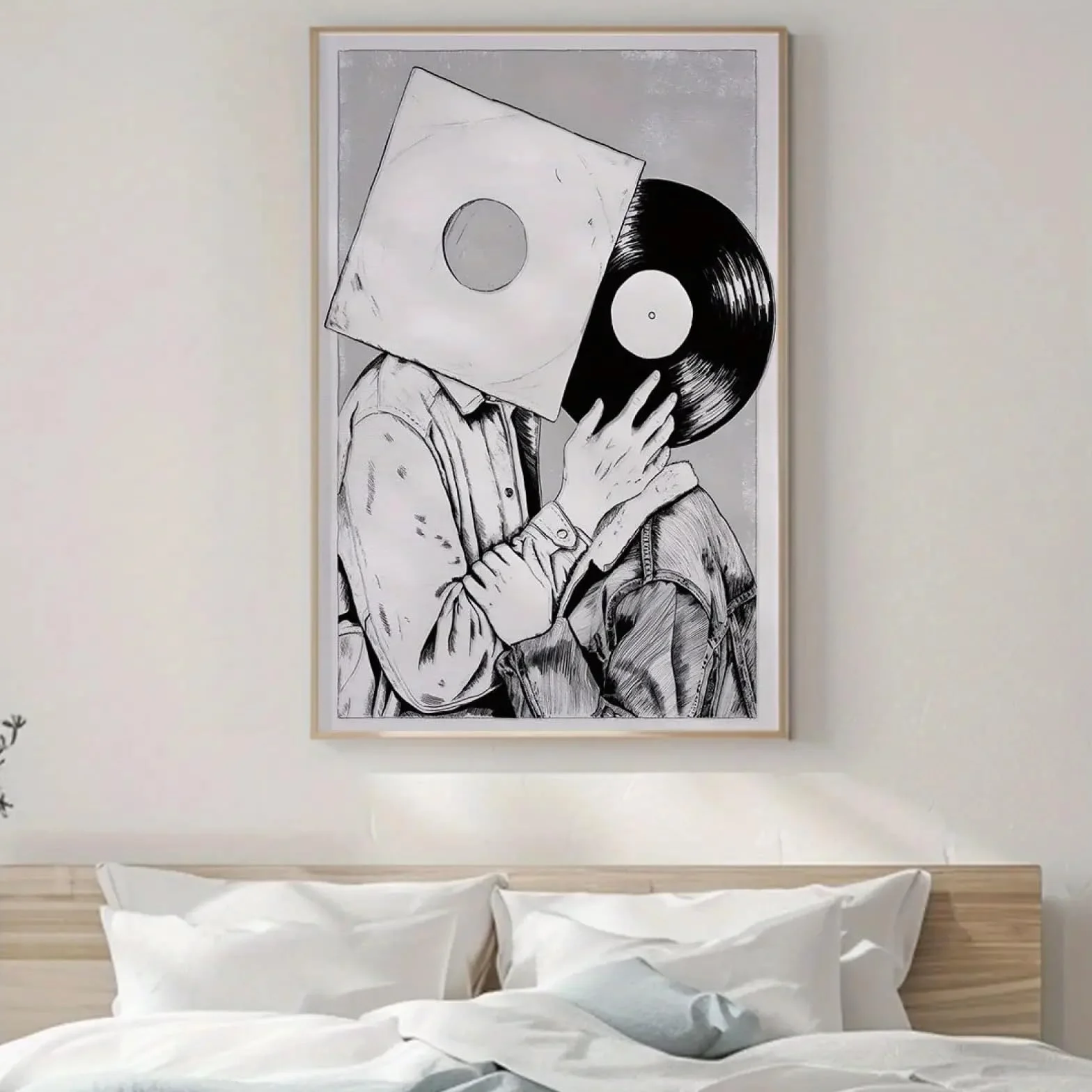 CAOXTART Druk na płótnie, czarno-biała płyta winylowa, nowoczesna dekoracja ścienna, plakat o tematyce miłości, dekoracja biurowa, ramka 60 x 80 cm
