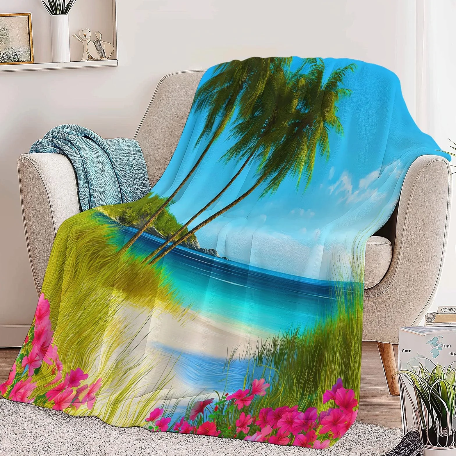 Koc flanelowy 220 x 240 cm, tropikalna plaża, palmy, narzuta na kanapę, do łóżka i łóżka, miękka i ciepła flanela, niebieski