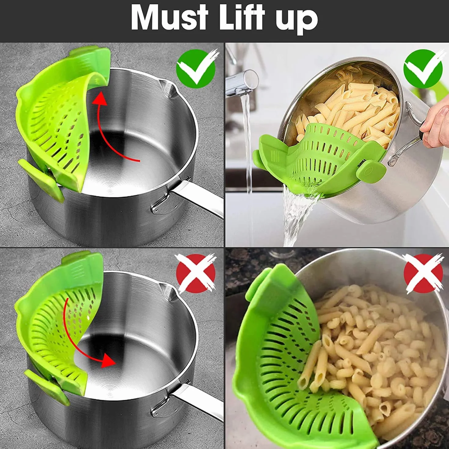 Zatrzaskowe sitko, 2 szt. silikonowe sitka do żywności, odporne na wysokie temperatury, klips na sitko, durszlak, gadżety kuchenne, ociekacz do makaronu, spaghetti, mielonej wołowiny, uniwersalne