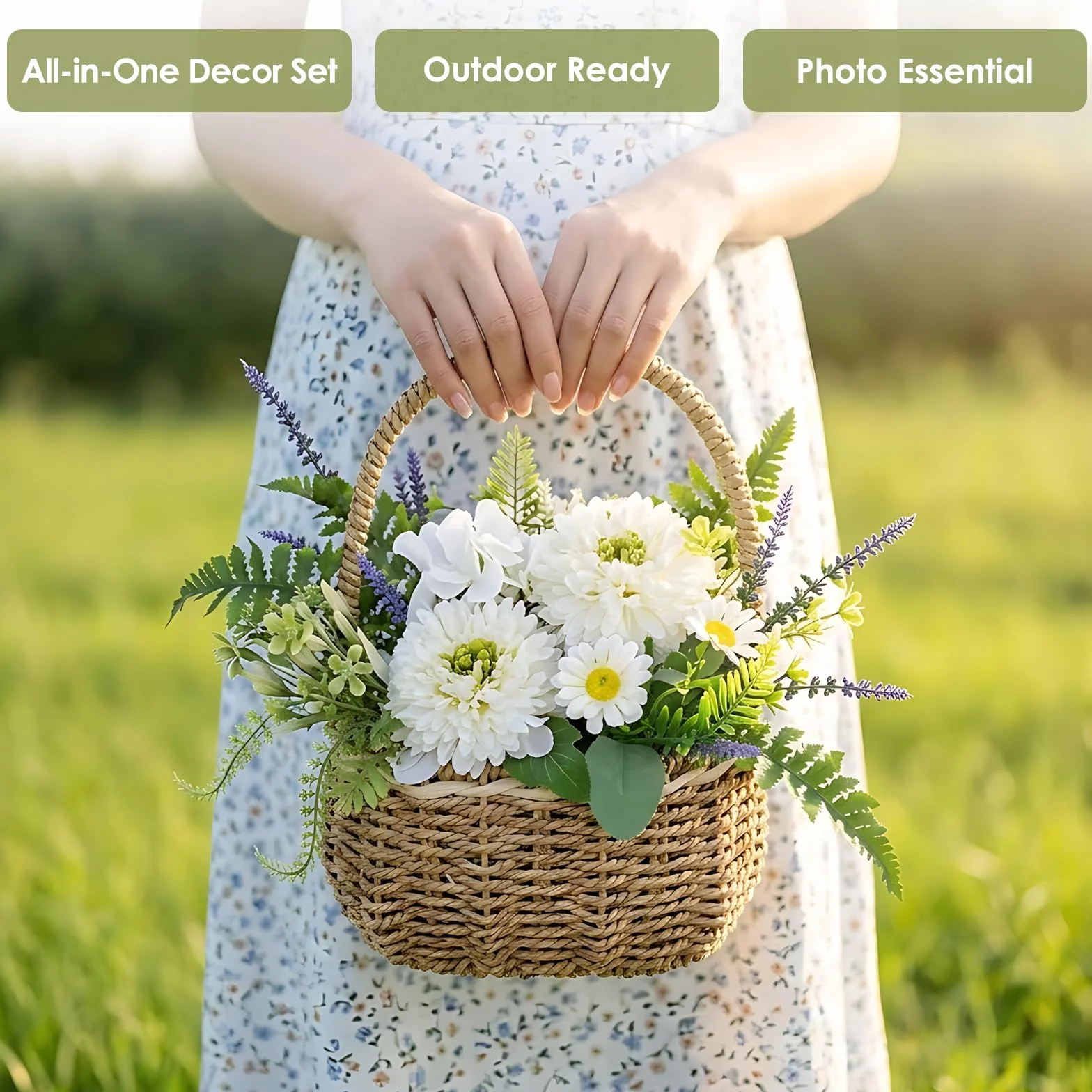 Sztuczne kwiaty dalii, biała kompozycja kwiatowa z tkanym koszem