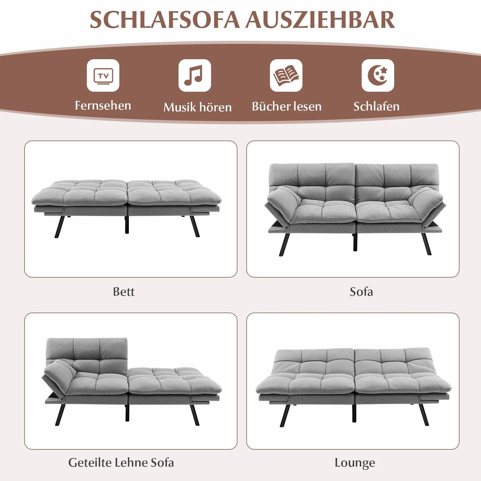 GOPLUS Kanapa z funkcją spania, sofa rozkładana z funkcją spania, 2-osobowa sofa z regulowanymi podłokietnikami, oparcie odchylane 105°/145°/180°, powierzchnia leżenia 182 x 106,5 cm, łóżko-sofa do