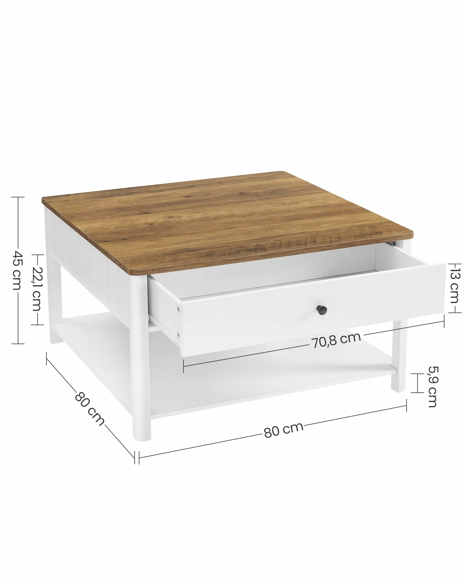 VASAGLE Stolik Kawowy 80 x 80 x 45 cm z 2 Szufladami, Styl Morski, Orzechowo-Brązowo-Biały LCT207T14
