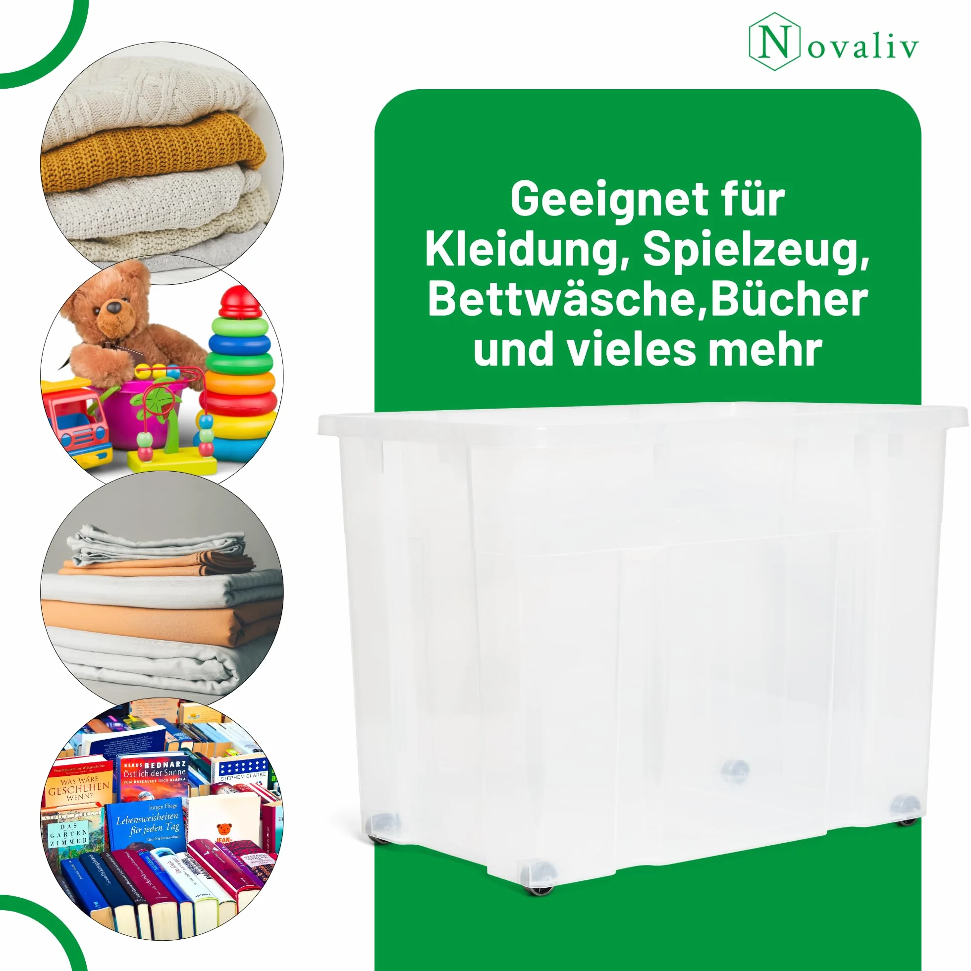 Novaliv Plastikowe pudełka bez pokrywki, rolki 80 l, 59 x 39 x 45, przezroczyste, duże pudełka, do przechowywania eurobox na kółkach, plastikowe pojemniki na buty