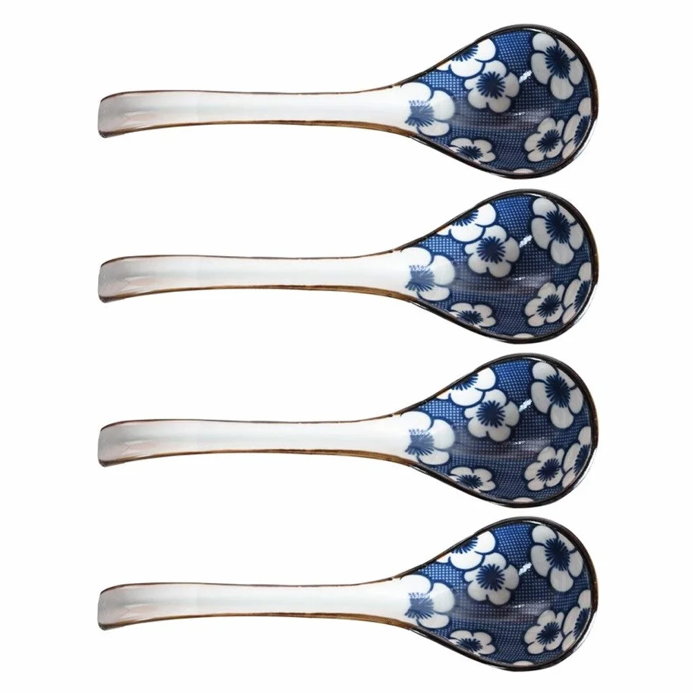 Łyżki do zup Japoński styl długi uchwyt łyżka domowy ceramiczny łyżka kolacja łyżka z niebieskim wzorem kreatywny stołowe wysokiej temperatury odporne na niski poziom 4 paczka Łyżki deserowe (Color :