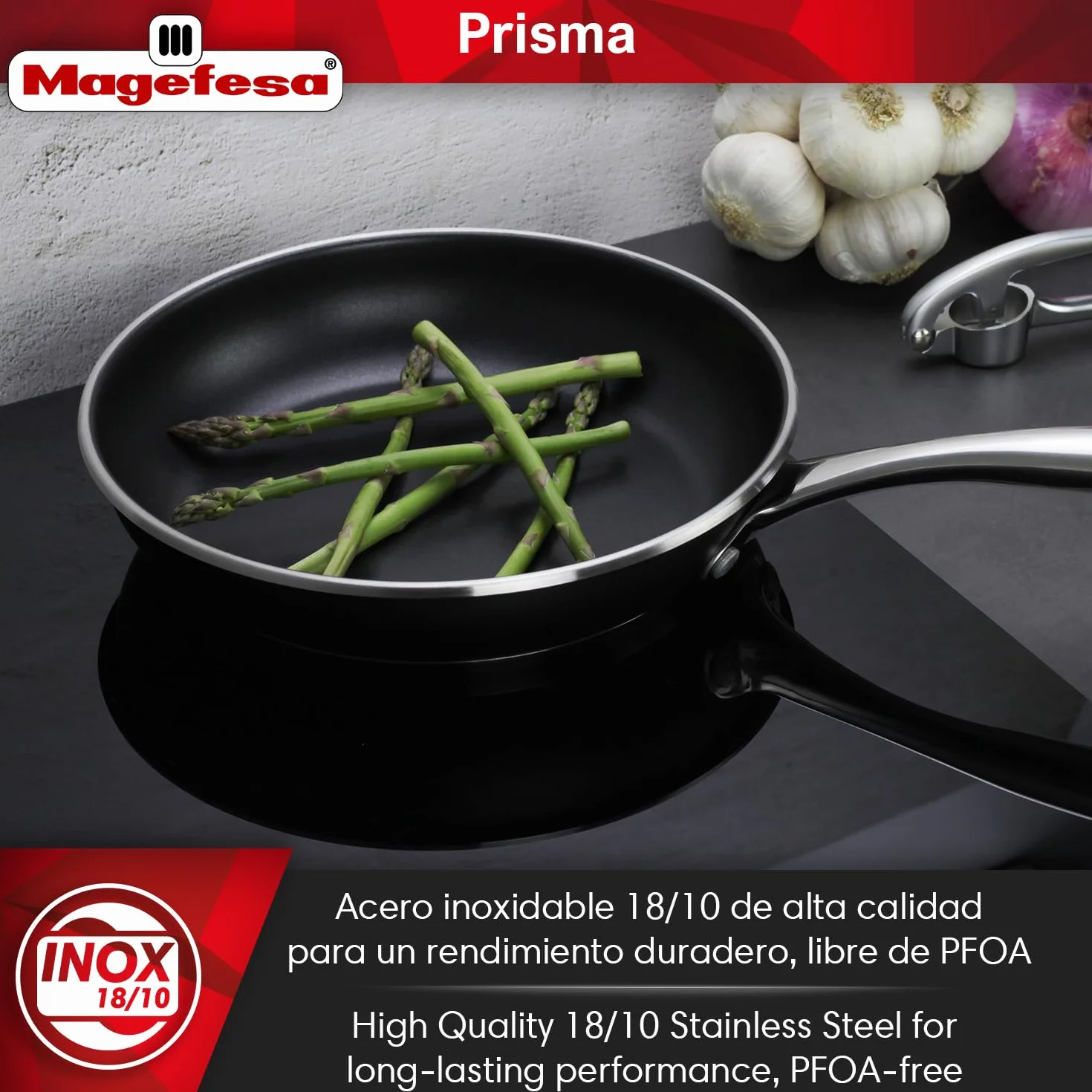 MAGEFESA Prisma zestaw patelni 24 + 28 cm + pojemnik na lunch 21 cm, stal nierdzewna 18/10, nieprzywierająca trójwarstwowa, do wszystkich kuchenek, indukcyjnych, piekarników