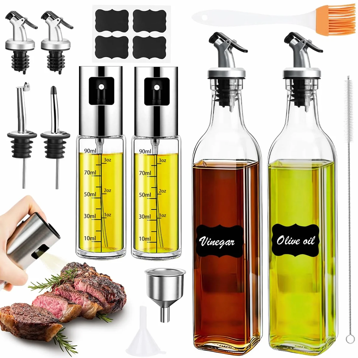 WRENYZK 4 sztuki butelek na olej, 2 szt. 500ml zestaw dozowników do oliwy z oliwek i octu, 2 szt. 100ml rozpylacz do oleju – butelki z rozpylaczem oleju z lejkiem, osłona antybrudzeniowa, pojemnik na
