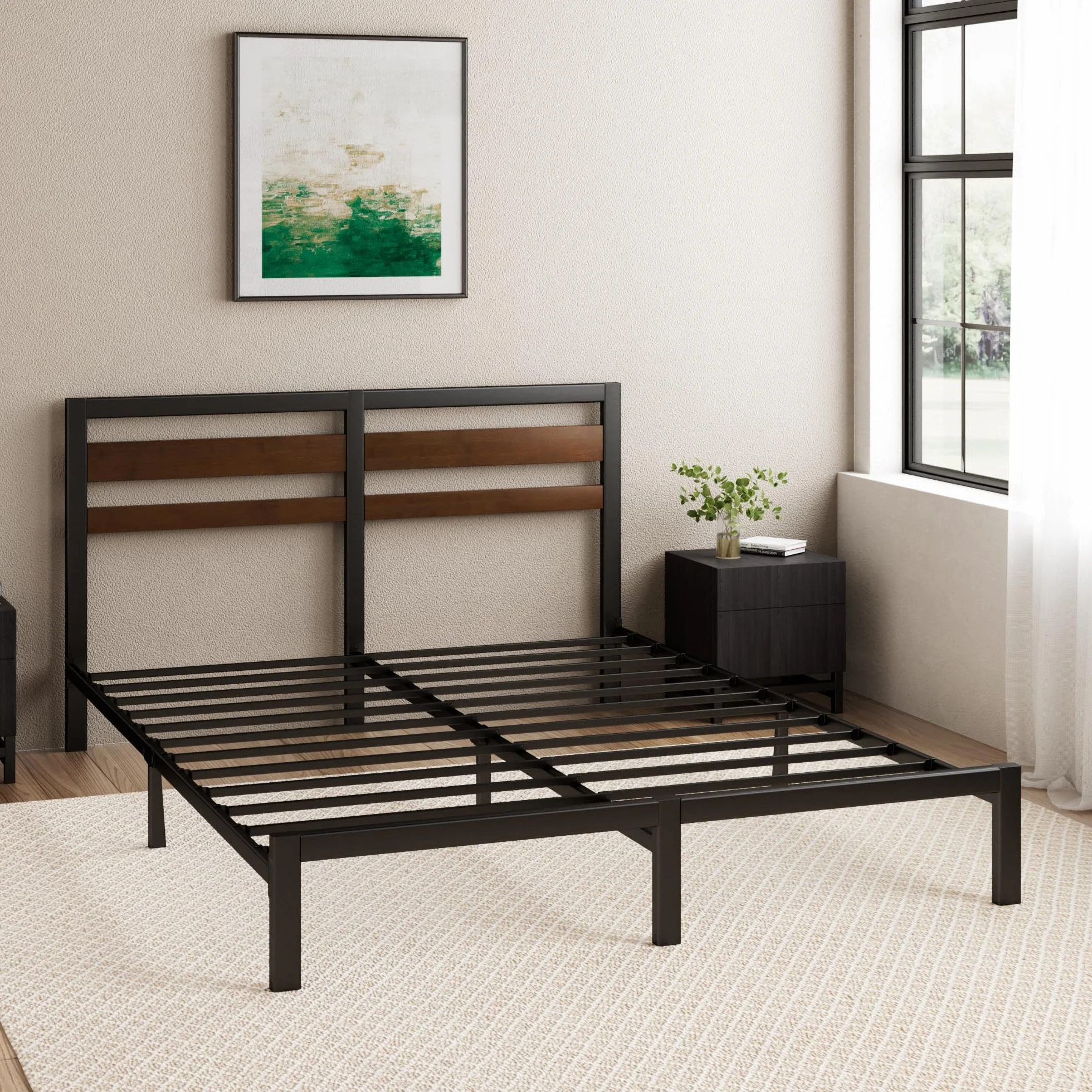 Zinus Kai Rama łóżka 140 x 200 cm z bambusowym zagłówkiem – metalowe łóżko 140 x 200 cm z metalowym stelażem pod materacem – platforma o wysokości 80 cm z wolną przestrzenią pod spodem – nie wymaga