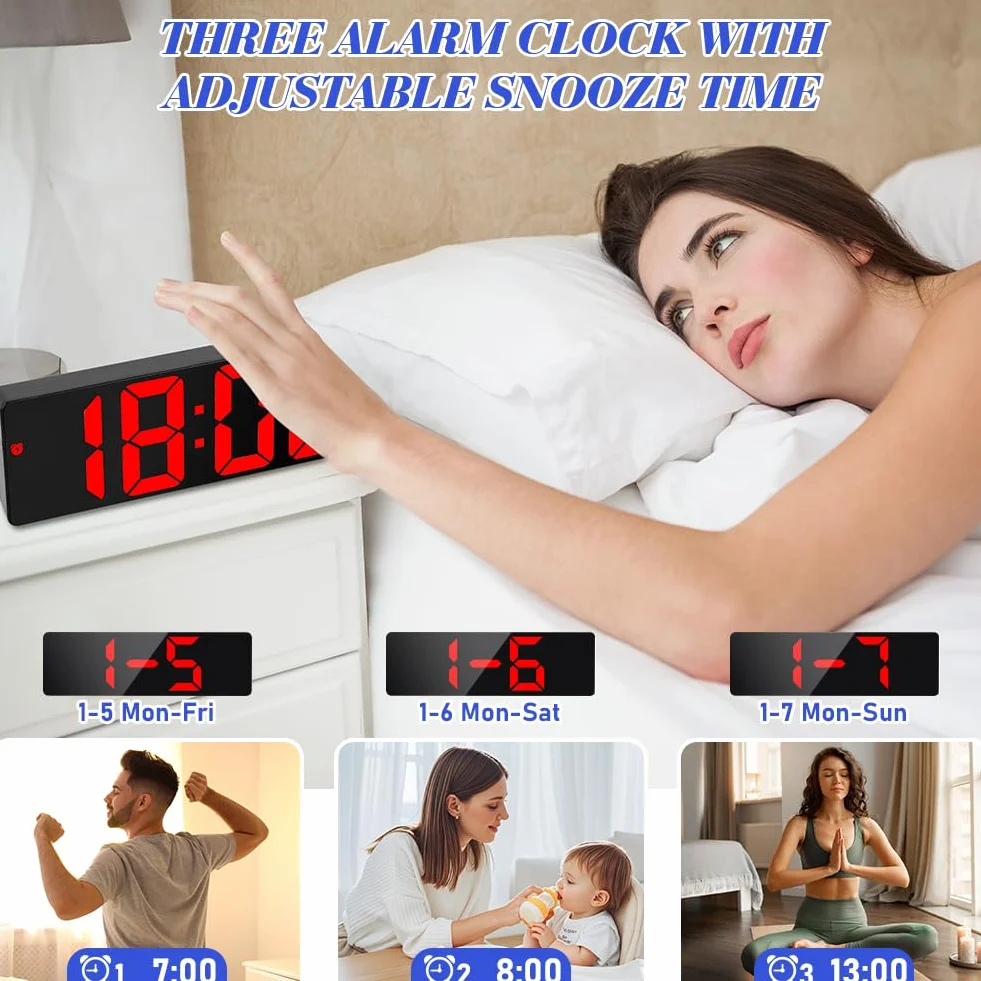 Flintronic Cyfrowy budzik, zegar LED z dużym wyświetlaczem, budzik nocny, zegar zasilany baterią, budziki z drzemką, temperatura, data, jasność regulowana dla domu, biura