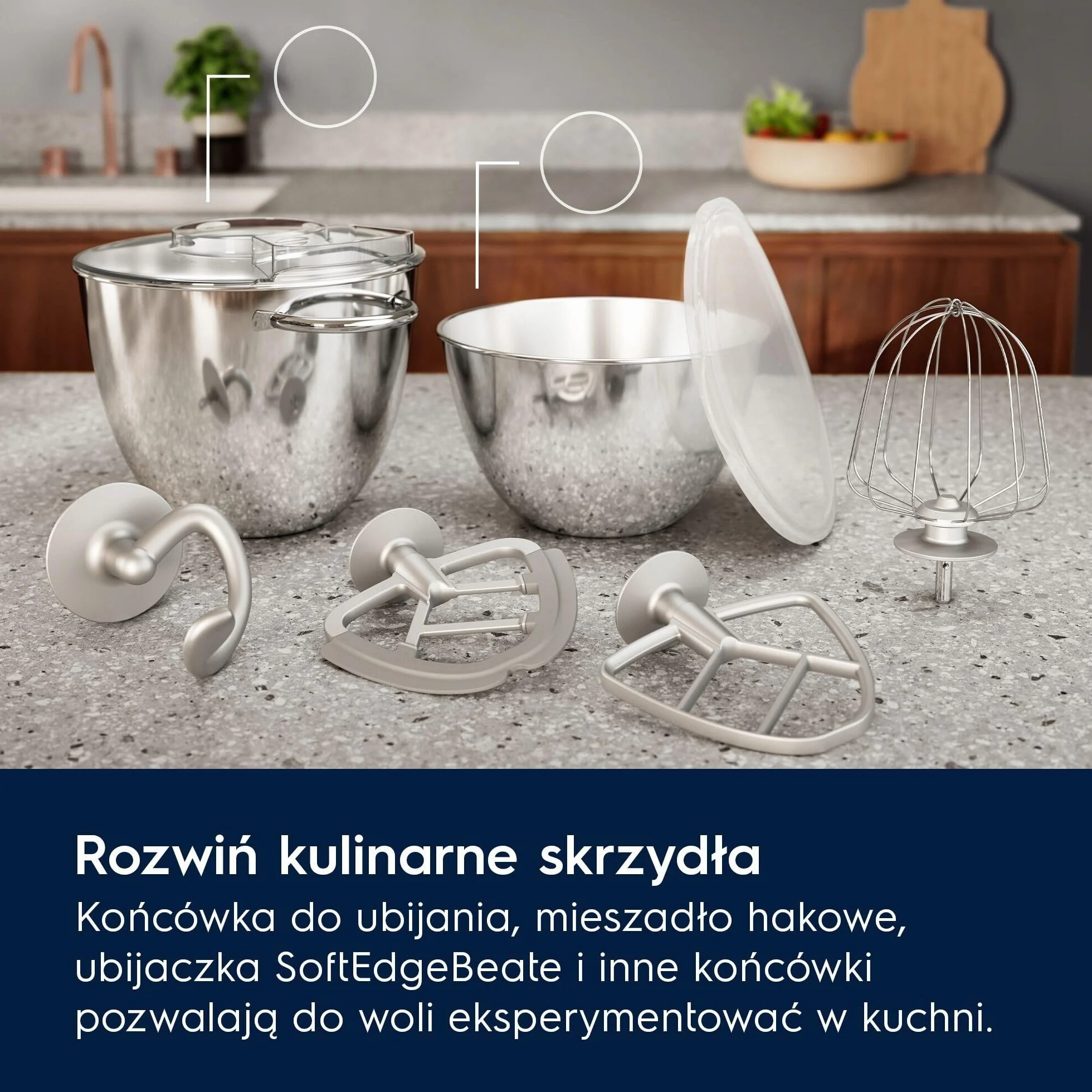 Electrolux Assistent Robot Kuchenny 700 E6KM1-4PPT, Dwie duże misy o pojemności 6 i 4 L, Pokrywa PerfectRiseLid, Funkcjonalna lampa LED, Monitorowanie mieszanki, 50W, Platynowa Perła