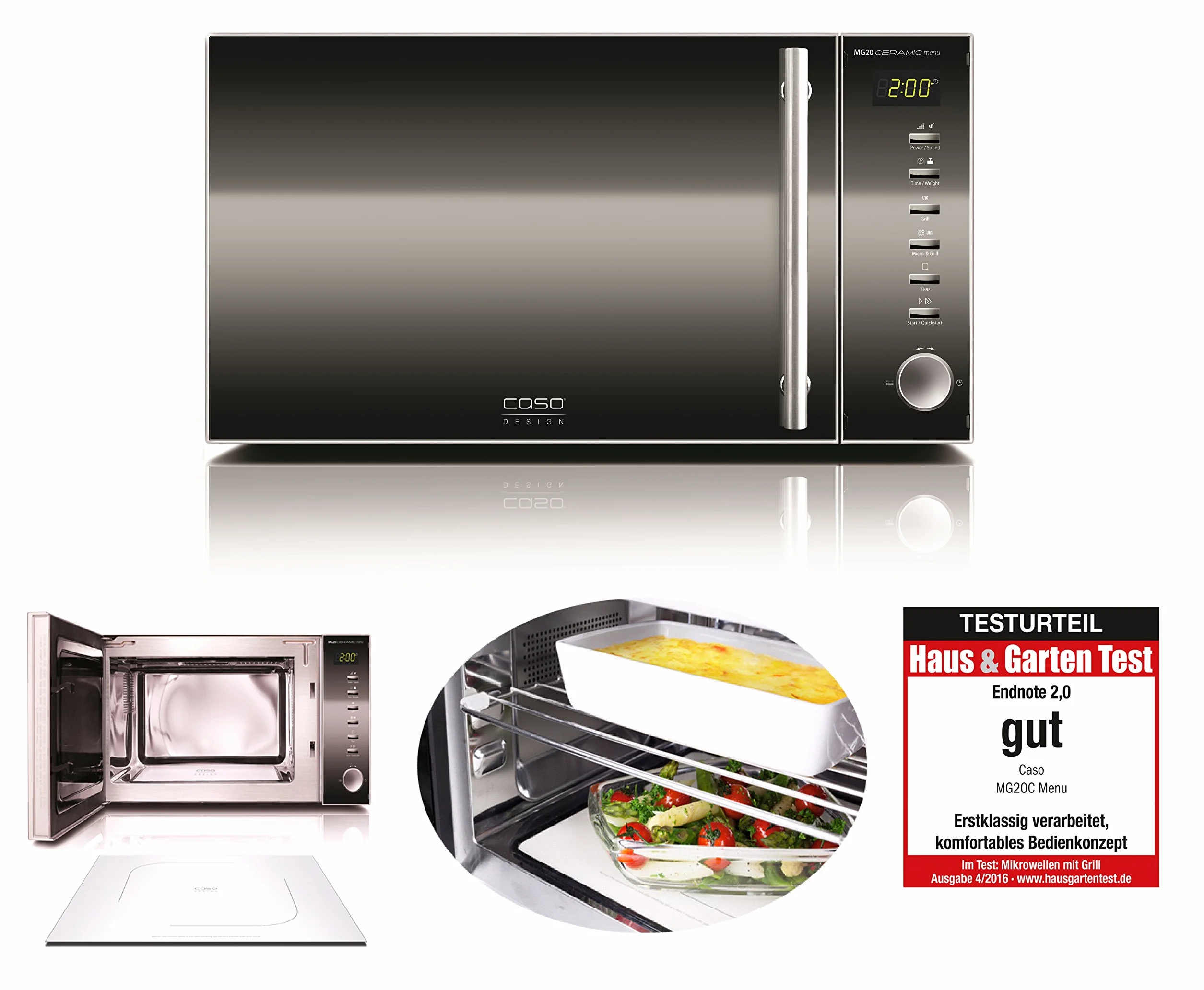 CASO MG20 Ceramic menu kuchenka mikrofalowa 2 w 1 z grillem, ceramiczny spód i ruszt do grillowania na 2 poziomach, 900 W, 1000 W, 20 l, stal nierdzewna, lustrzane