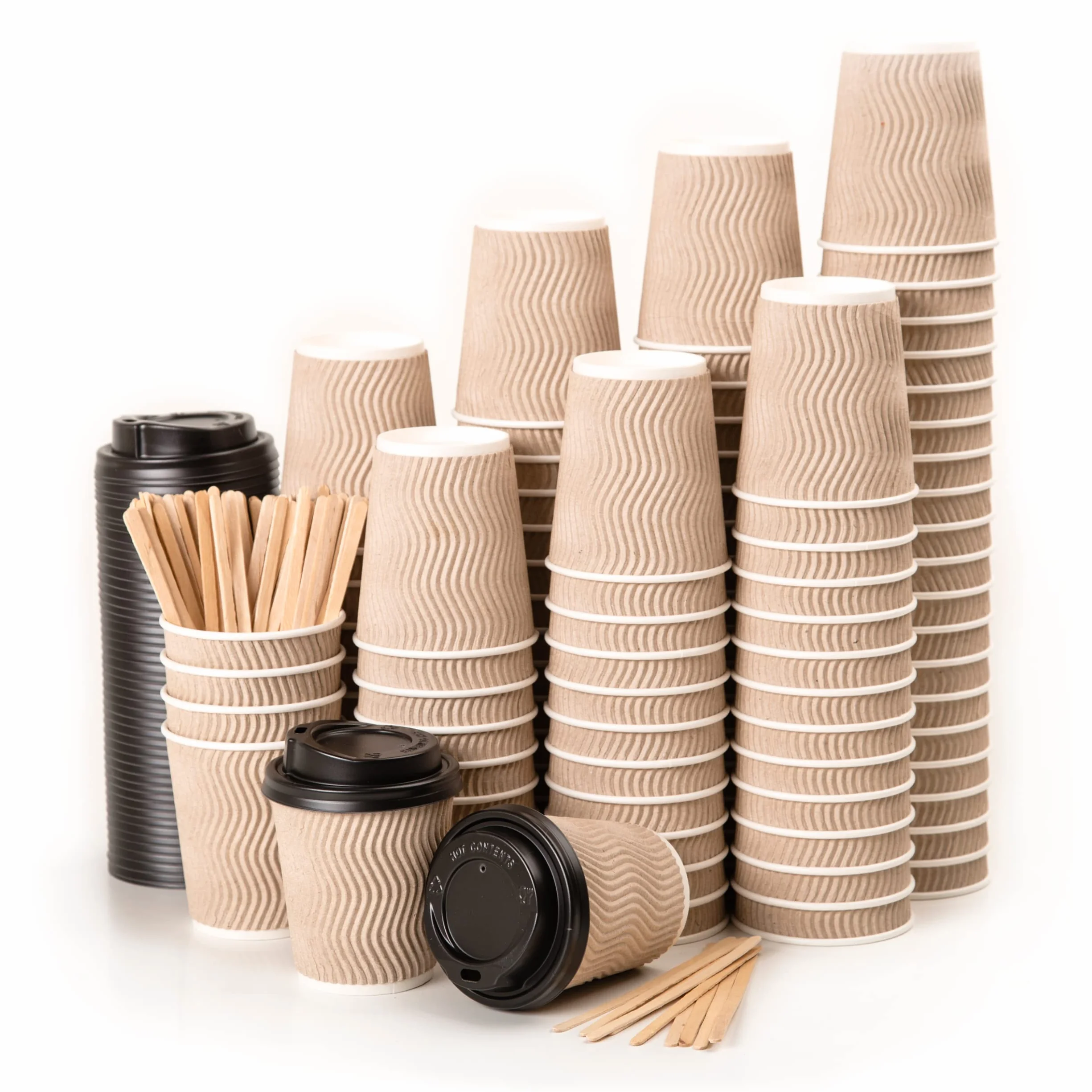 CupCup 110 Falowanych Kubków Kraft 240 ml z Podwójnymi Ściankami 'To Go' z Pokrywkami i Drewnianymi Mieszadłami do Serwowania Kawy na Wynos, Herbaty, Gorących i Zimnych Napojów