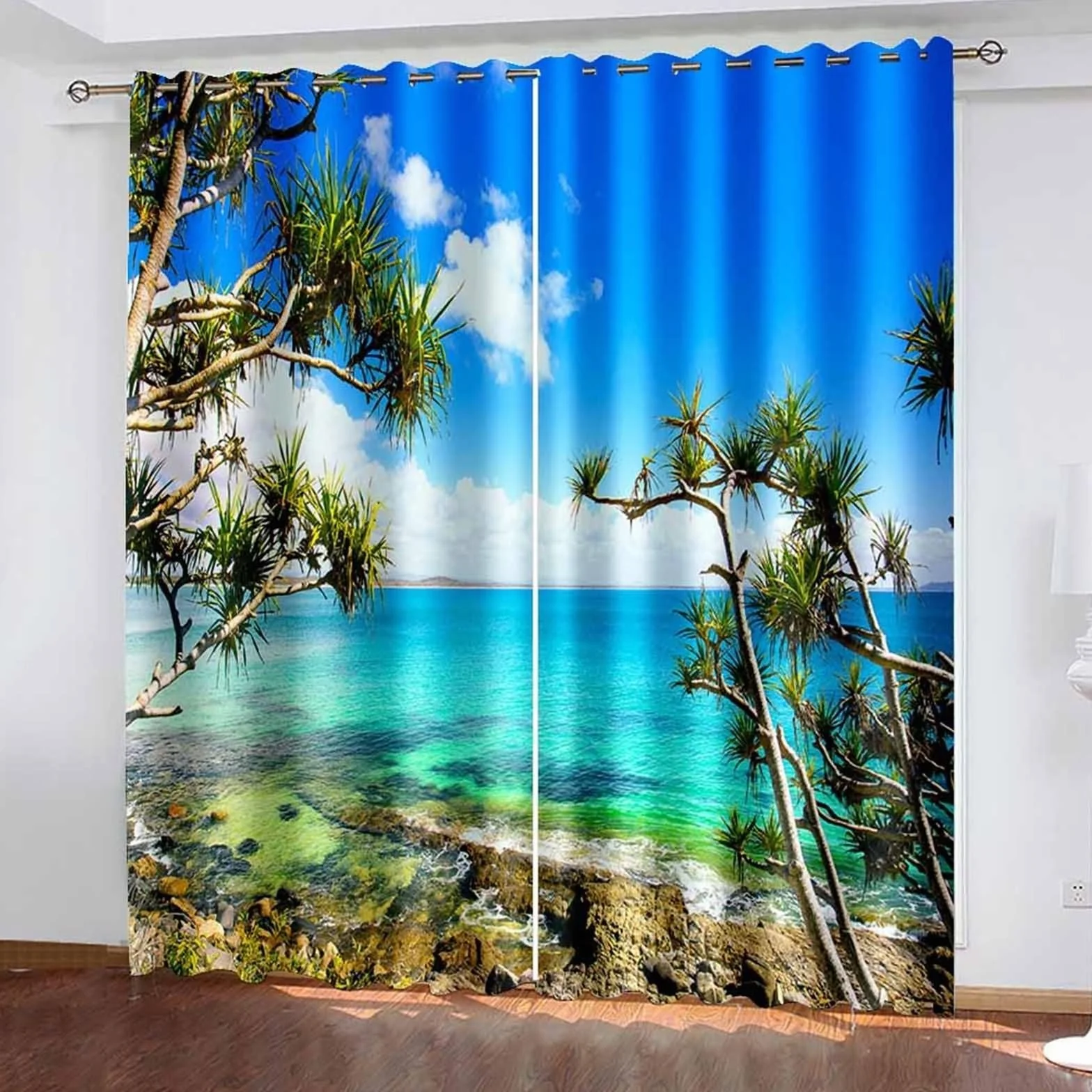 Zasłona okienna wewnętrzna, zasłony do sypialni niebieski zielony morski krajobraz poliester zestaw 2 szt. 192 x 229 cm
