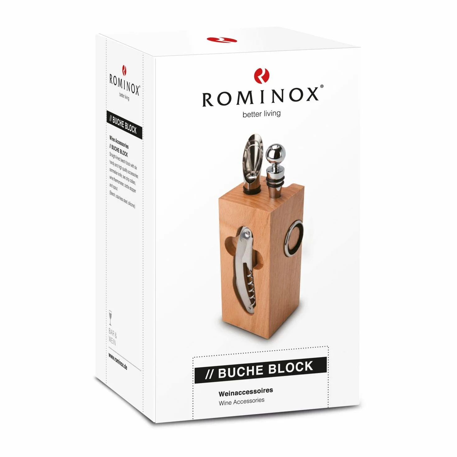 ROMINOX Artykuł upominkowy akcesoria do wina // blok bukowy – akcesoria do wina, 7-częściowy, blok z nożem sommeliera, 2 pierścienie ociekowe, termometr do wina, korek do butelek, nalewak; wymiary: