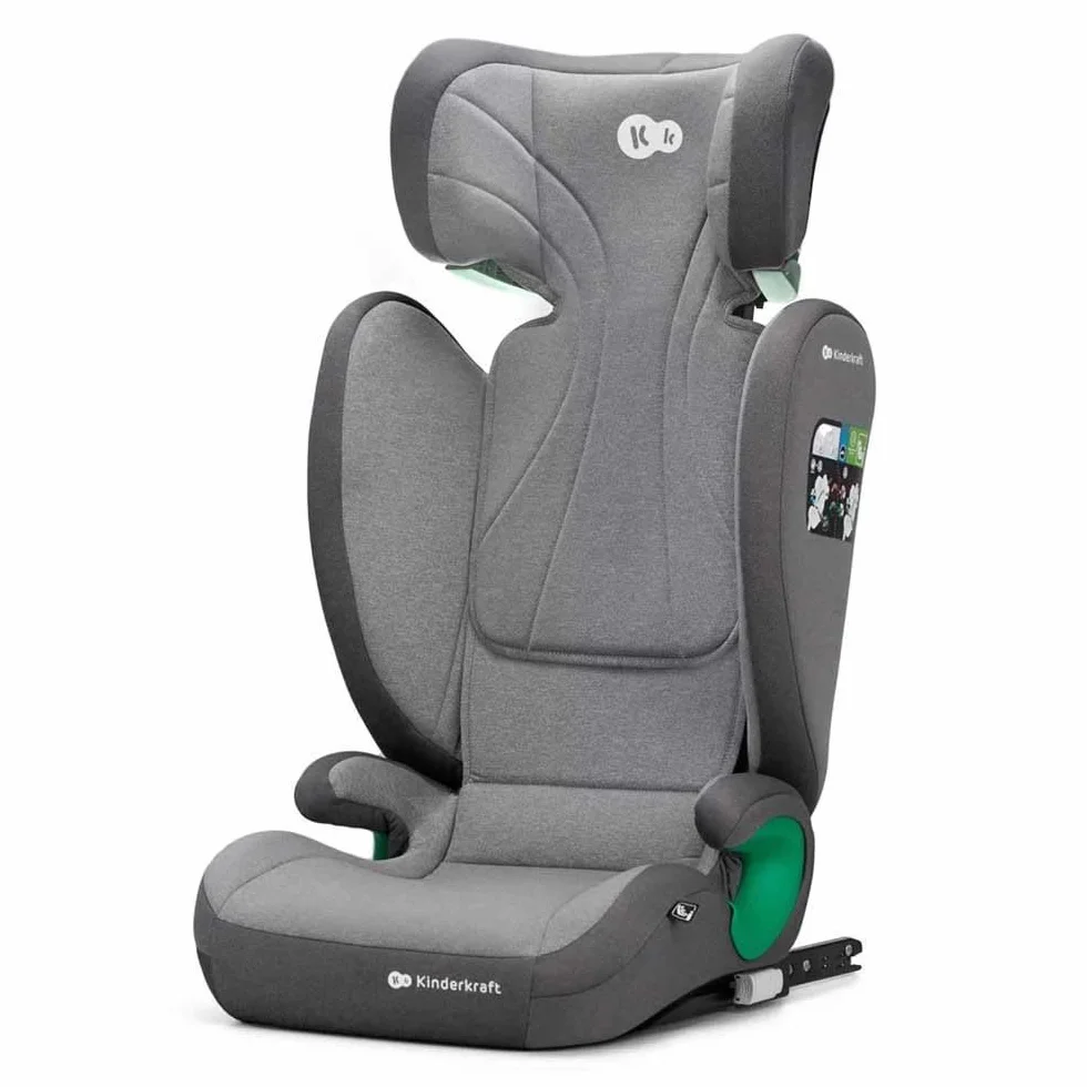 Kinderkraft JUNIOR FIX 2 Fotelik dziecięcy I-SIZE, Podstawka samochodowa, Regulowany zagłówek i oparcie, Wzmocnione boki, Zdejmowana tapicerka, Isofix, Grupa ECE I/II/III 9-36 kg, Szary