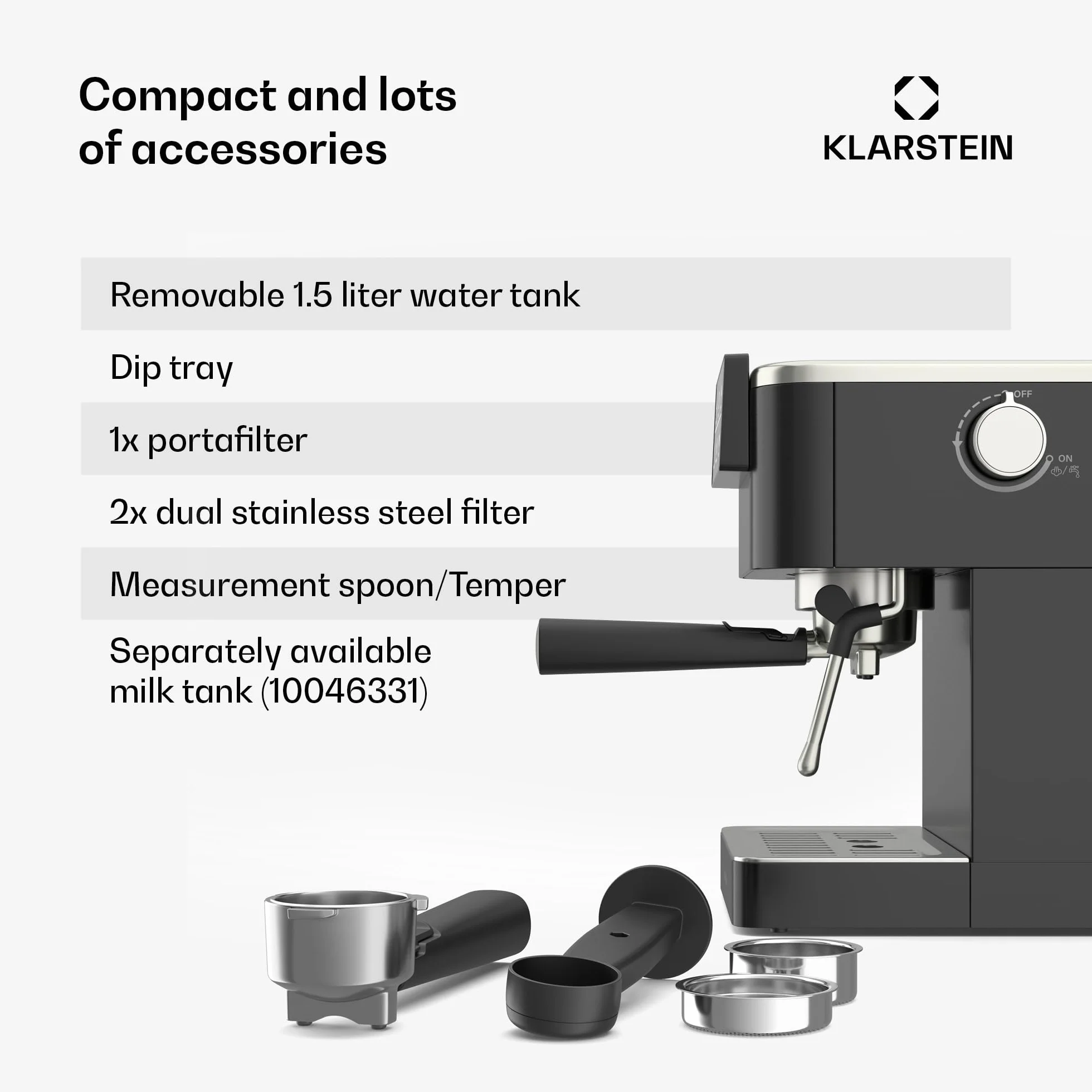 Klarstein SteelPresso Touch Ekspres kolbowy – 20 barów, 1350 W, Stal nierdzewna, Zbiornik 1,5 l, Wyświetlacz dotykowy, Zintegrowany spieniacz do mleka, Kompaktowy design, Ekspres do kawy