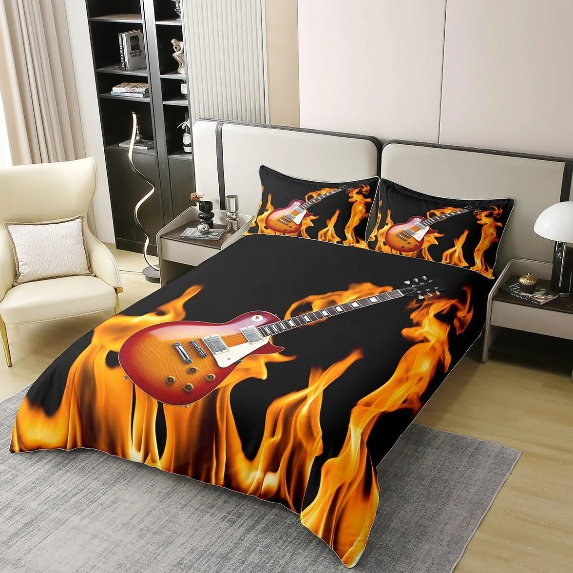 100% bawełniany zestaw pościeli z motywem gitary dla dzieci, nastolatków, chłopców, rock roll, muzyka, poszewka na kołdrę z muzycznym instrumentem, ogień, punk, hip hop, dekoracja pokoju, narzuta na