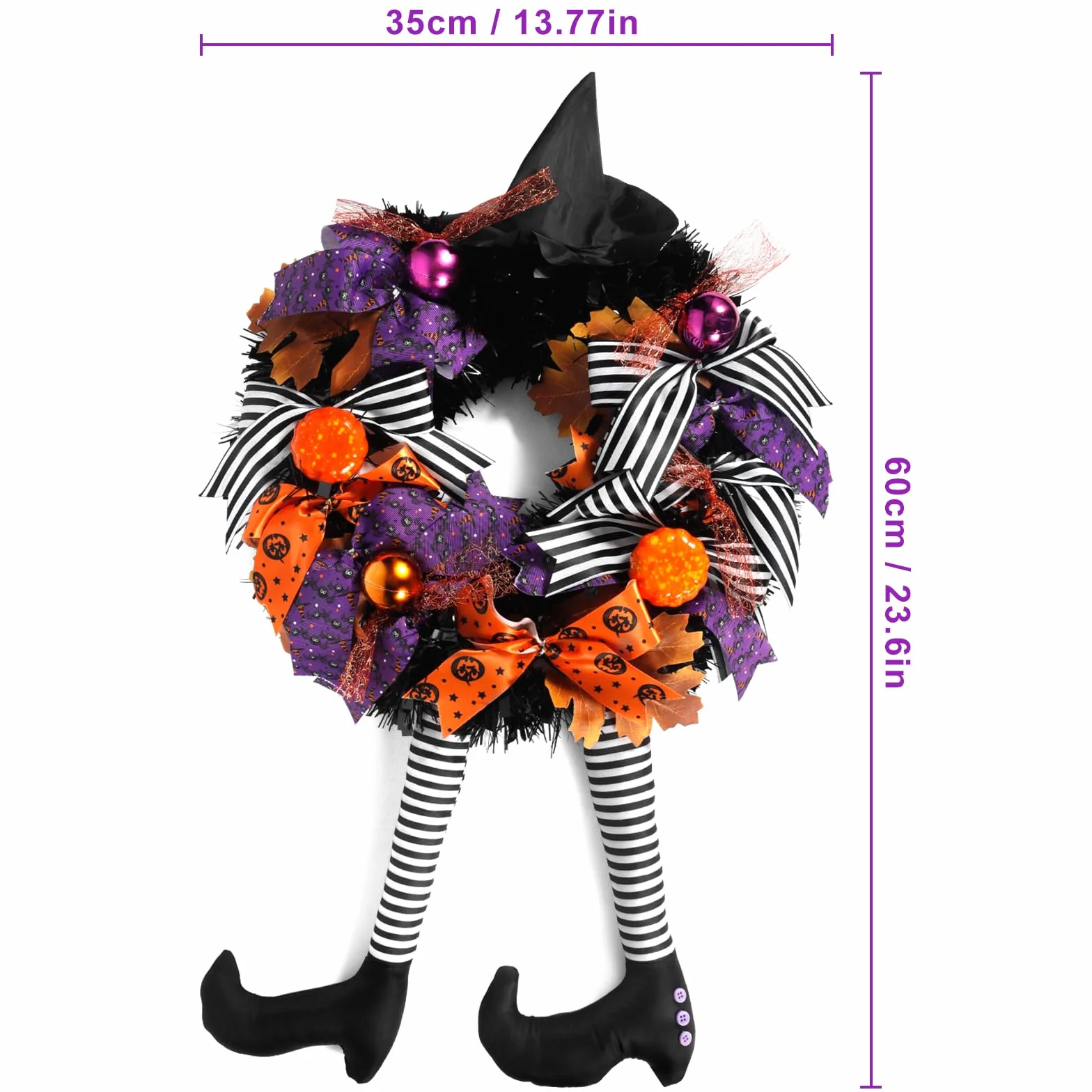 Halloweenowy Wieniec na Drzwi z Nogą Czarownicy, Kapeluszem Wiedźmy i Dynią - Dekoracja na Halloween