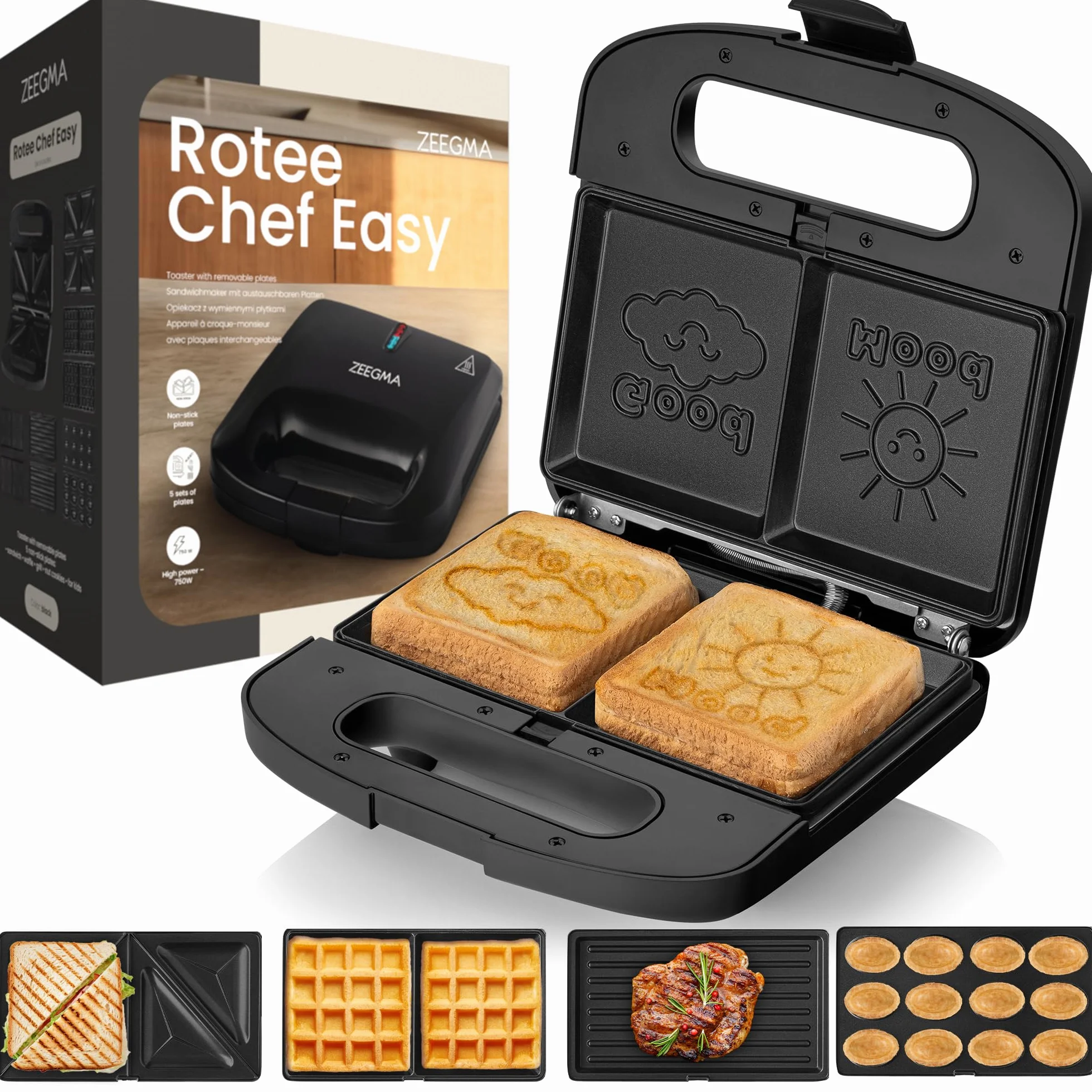 ZEEGMA ROTEE CHEF EASY Wielofunkcyjny Opiekacz 750 W 5 w 1, do Tostów Pieczywa Gofrów Kanapek Orzeszków Grill, Toster, Nieprzywierające Płytki Zabezpieczenie Przed Przegrzaniem