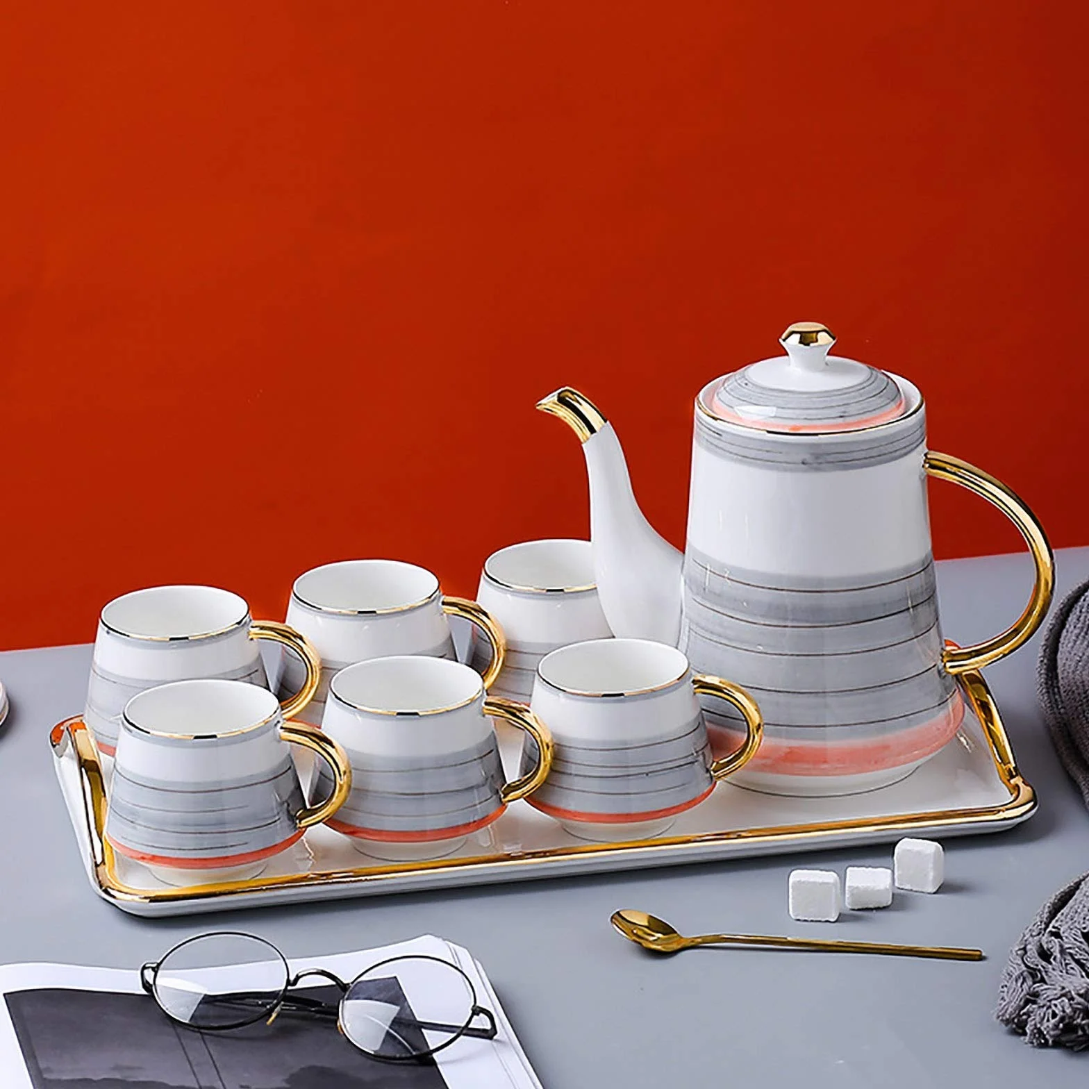Zestaw filiżanek do espresso, kubki do kawy, herbata nordycka ceramiczna kreatywna filiżanka gospodarstwa domowego popołudniowy kwiat zestawy czajników, szary-1.4L