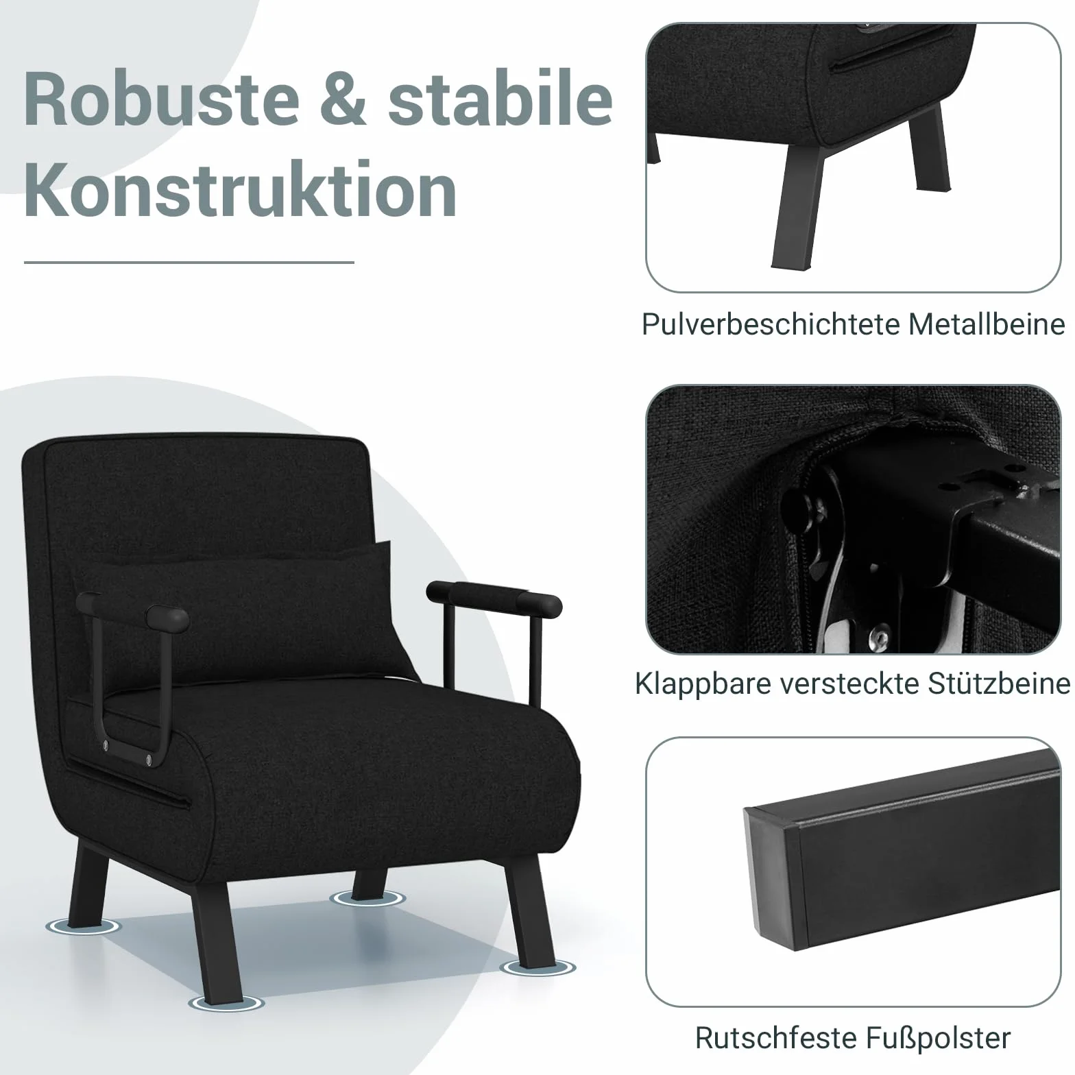 GOPLUS 4 w 1 fotel do spania z funkcją łóżka, sofa do spania z 6-stopniową regulacją oparcia i zdejmowanym poduszkiem, fotel relaksacyjny, rozkładana sofa do łóżka, składany do domu i biura (czarny)