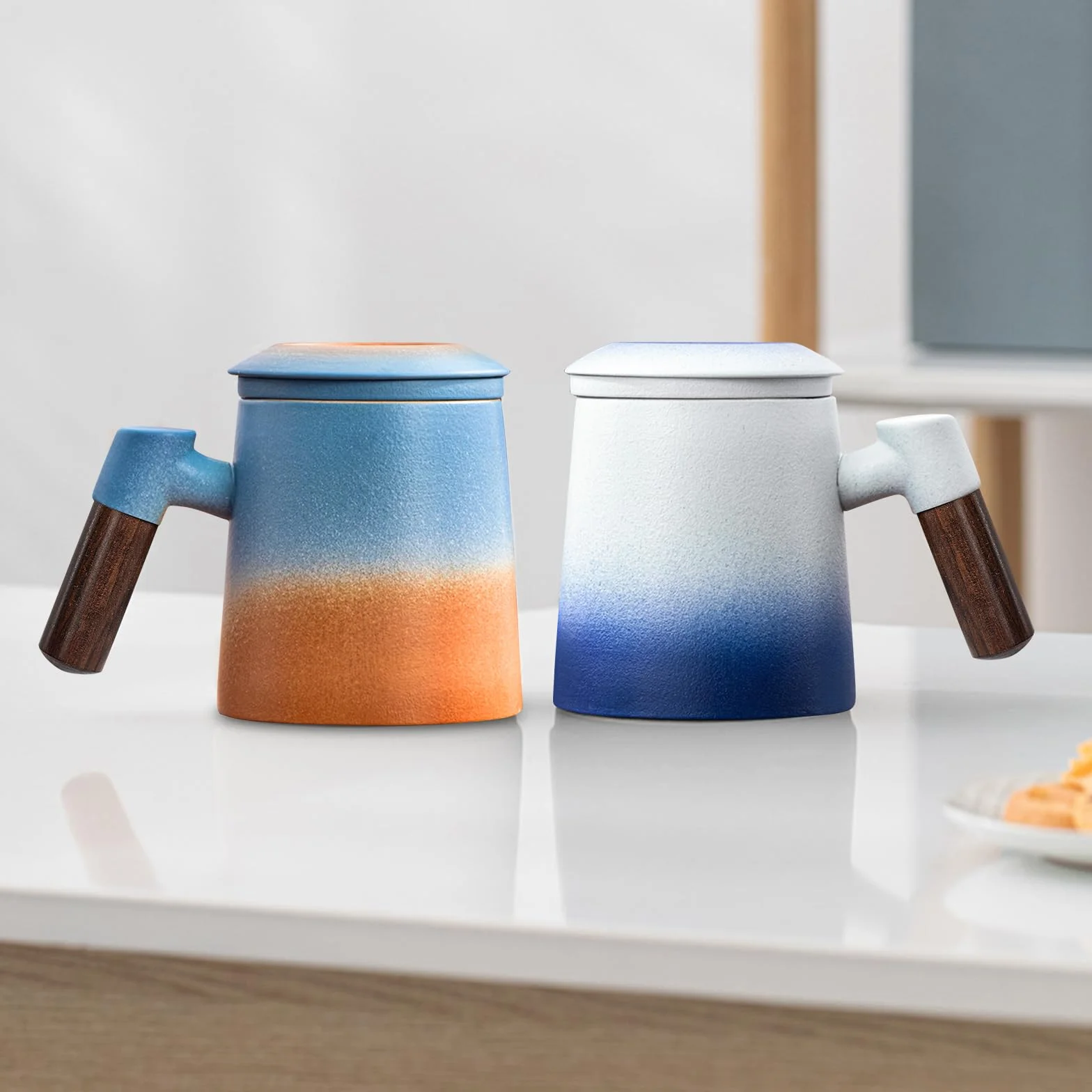 SUNOYA Filiżanka do herbaty z pokrywką i sitkiem, 400 ml, drewniany uchwyt, kubek do herbaty, matowa ceramiczna filiżanka