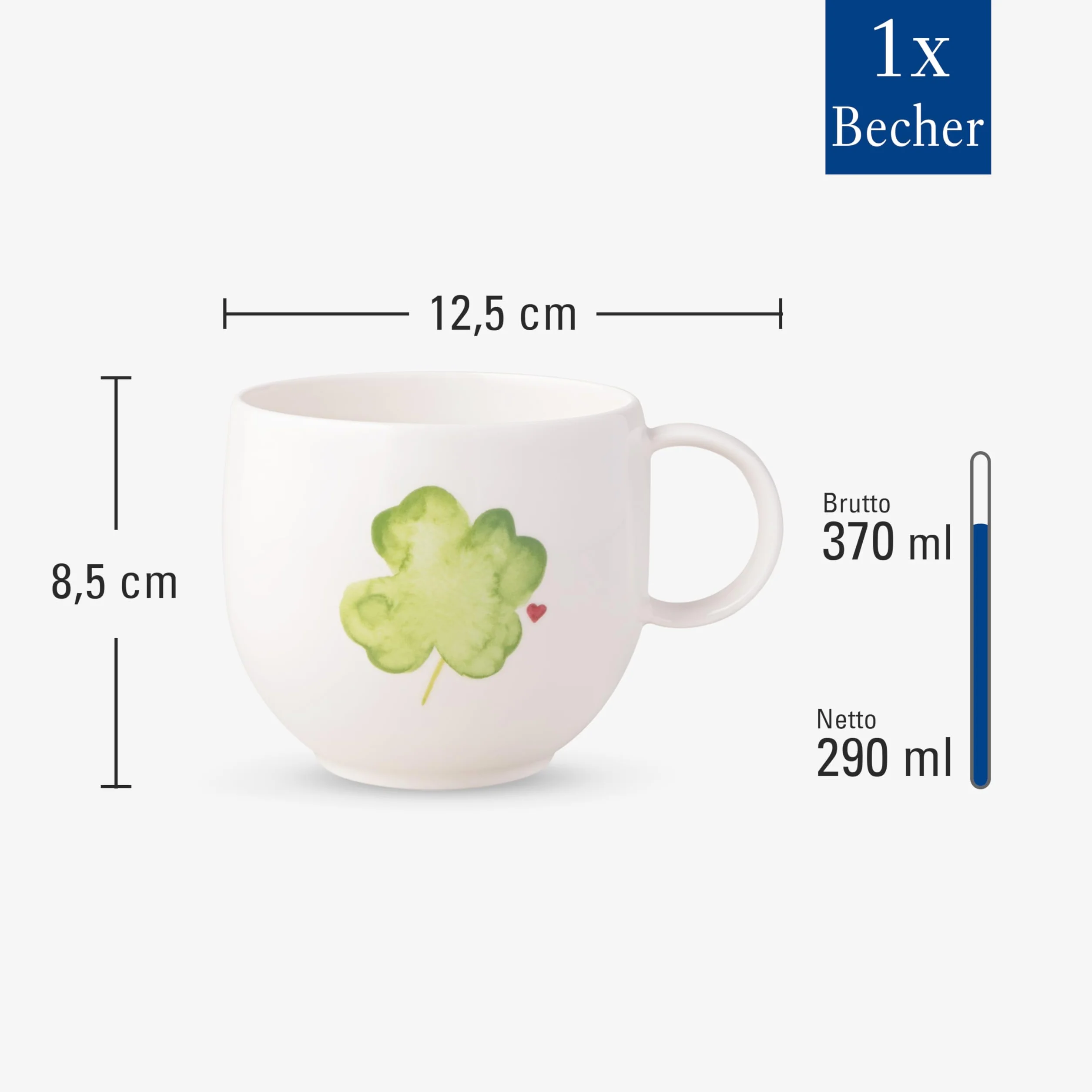 Villeroy & Boch – With Love kubek z uchem Good Luck 12,5x9,5x8,5 cm, porcelana Premium, filiżanka do kawy i herbaty, 290 ml, zmywarka, mikrofala