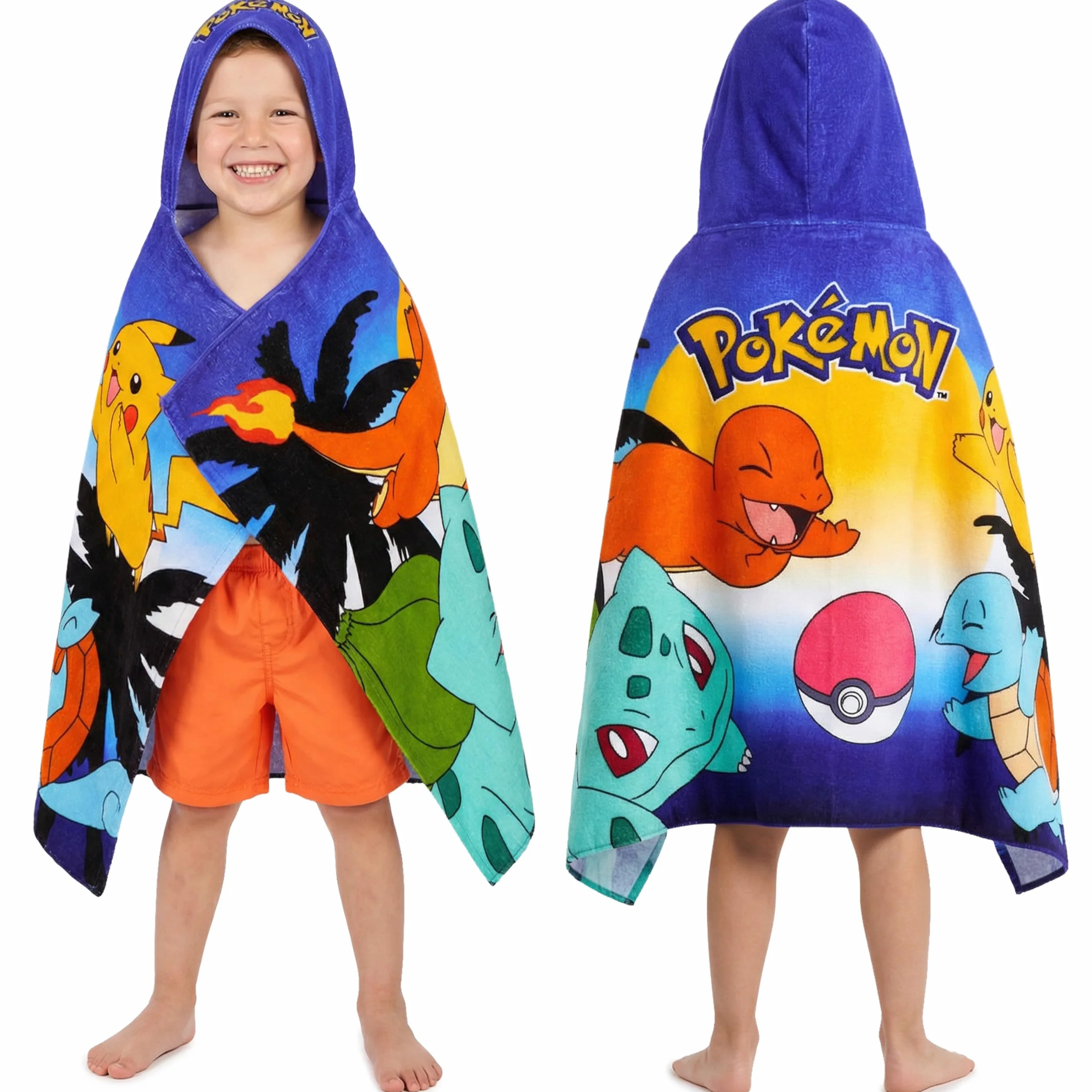 Pokemon Ręczniki z kapturem dla chłopców, bawełniane ponczo kąpielowe, plażowe, miękkie i chłonne, z kapturem, pod prysznic, basen, niezbędne rzeczy w podróży i wakacjach, wiele pokemonów