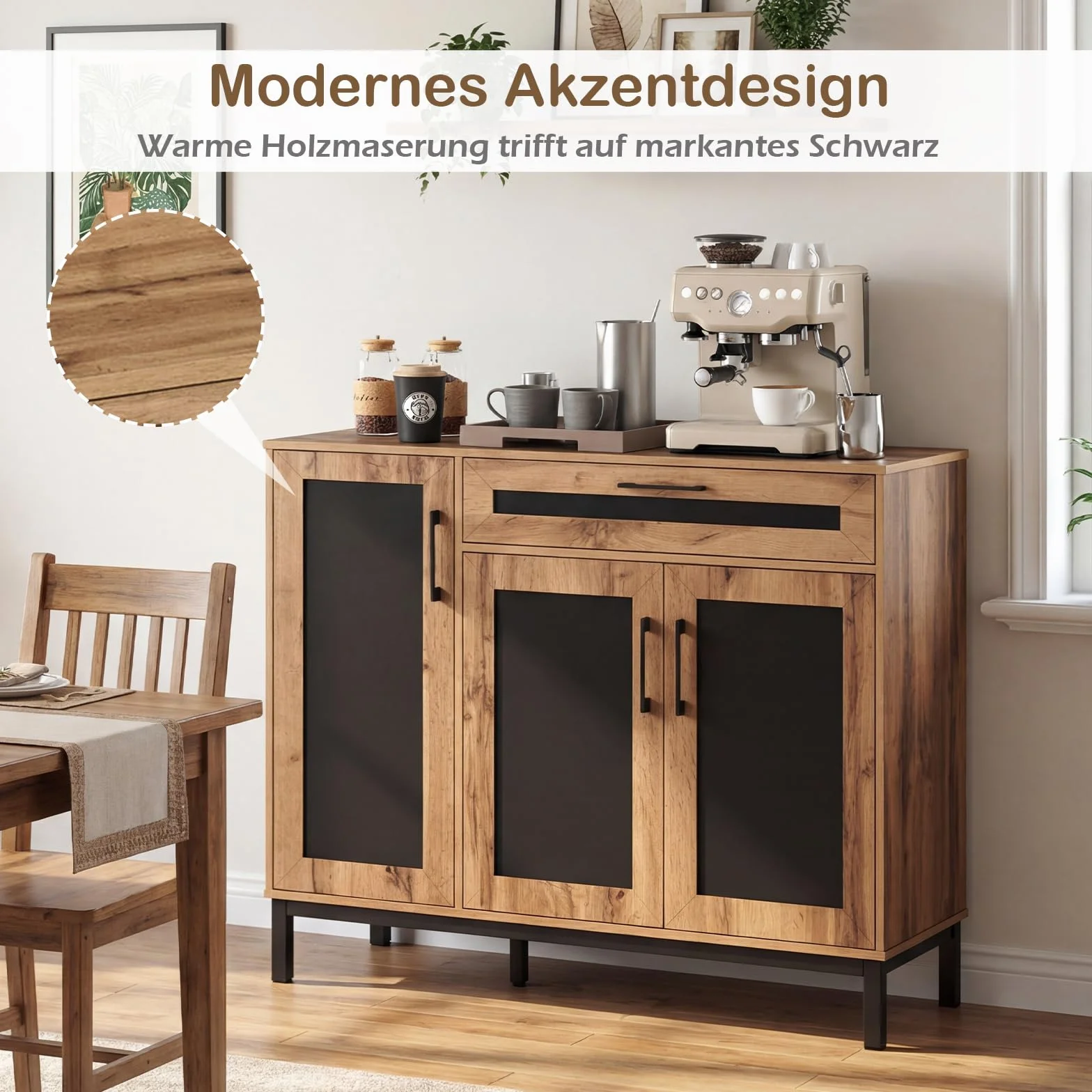 COSTWAY Kredens drewniany, szafka kuchenna z szufladą, 3 drzwi, wyjmowane półki, powierzchnia robocza 120 x 41 cm, szafka bufetowa do kuchni, jadalni, szafka do przechowywania, kolor naturalny +