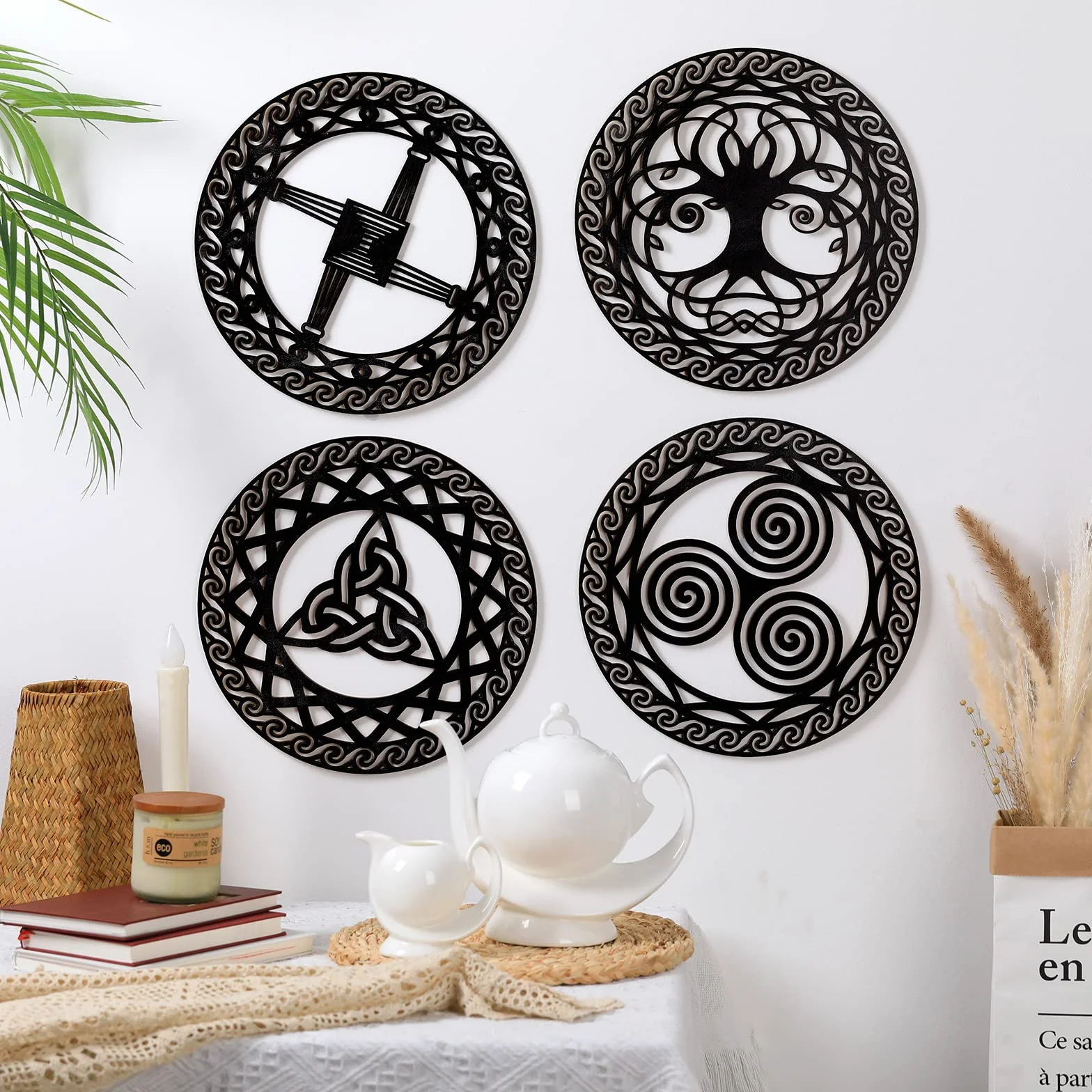 Celtycki symbol dekoracja ścienna, 4 szt. celtycki węzeł krzyżowy, potrójny spiralny symbol, drewniany znak, drewniana geometria, sztuka ścienna, dekoracja, irlandzkie błogosławieństwo, dekoracja