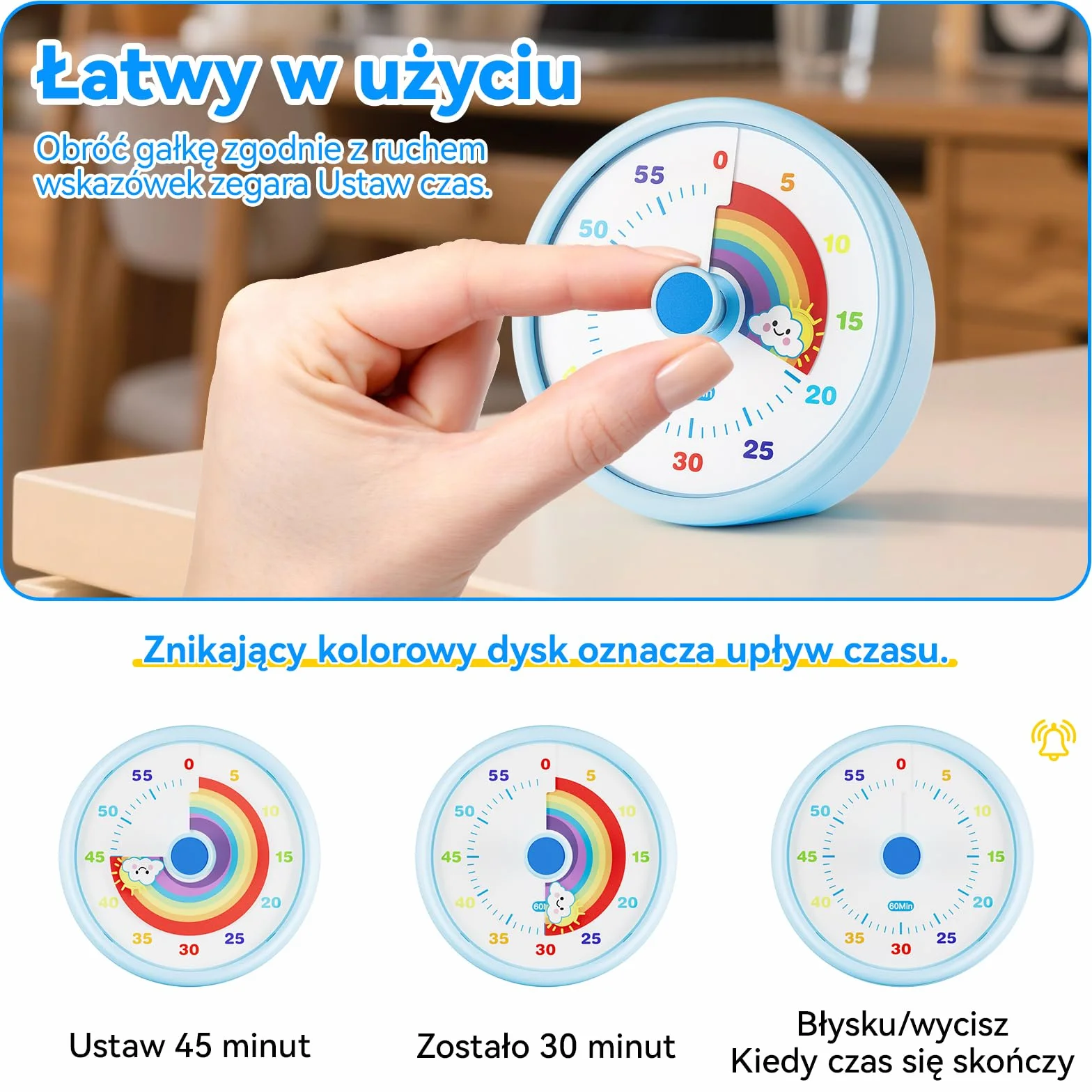 Wizualny timer dla dzieci i dorosłych, Rainbow Disk 60 Minute Countdown z trybami cichym i głośnym, narzędzie do zarządzania czasem (niebieski)