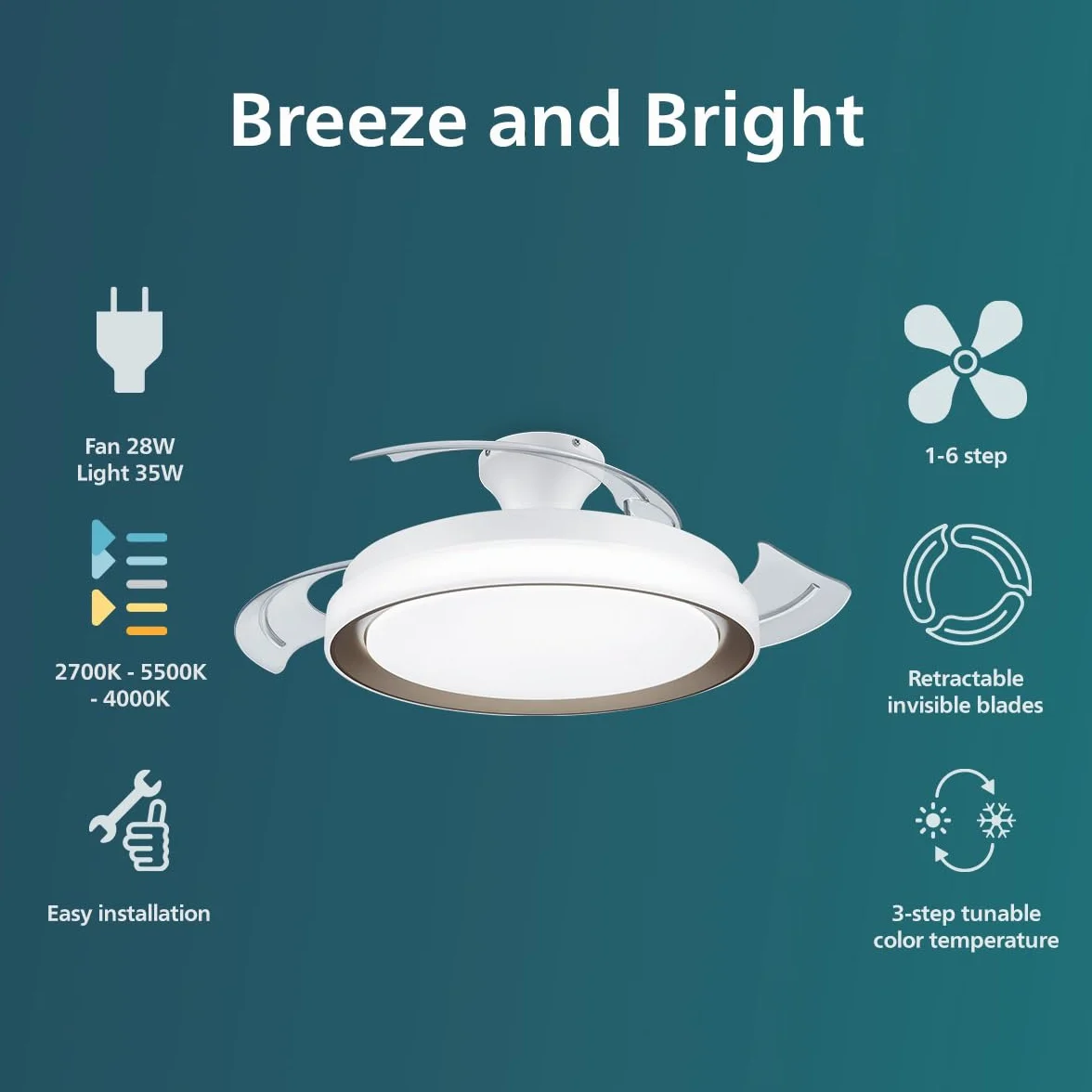 PHILIPS LED Bliss 28W Wentylator Sufitowy 35W, 2700K-4000K-5500K, w Zestawie z Pilotem, Złoto