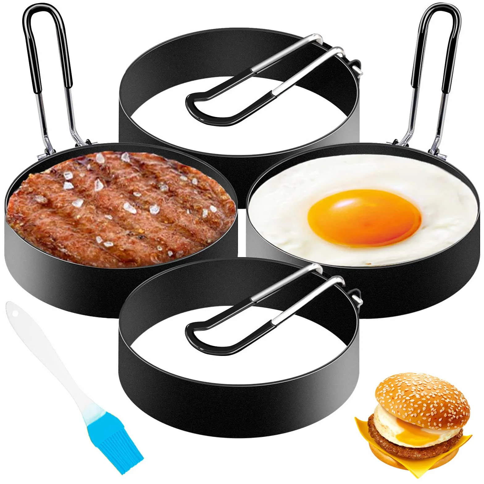 Pierścienie do jajek sadzonych, 4 sztuki, ze stali nierdzewnej, okrągłe, 7,6 cm, nieprzywierające, do jajek sadzonych, naleśników, omletów