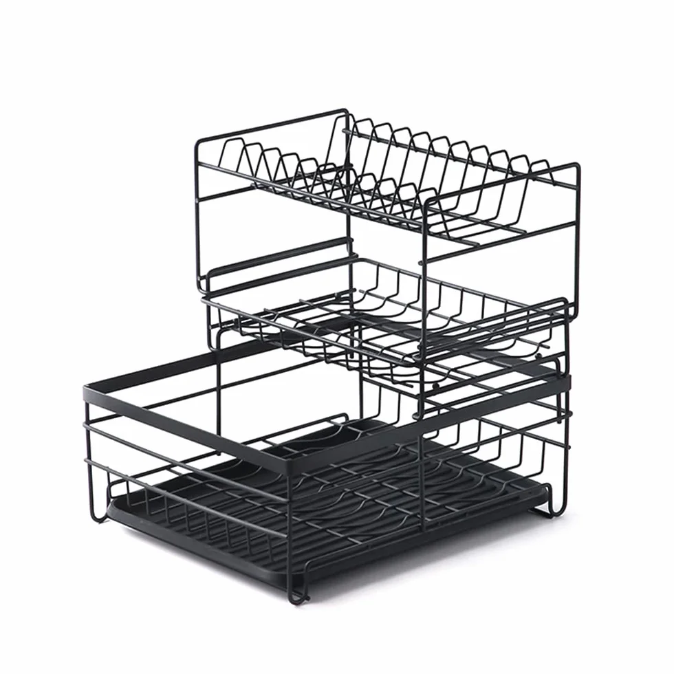 3-poziomowa Suszarka do naczyń Solidny Uchwyt na Przybory Kuchenne na Blat Kuchenny Oszczędzający Miejsce Czarny 14,57 X 12,20 X 13,86 Półka Naczynia dla Rodziny