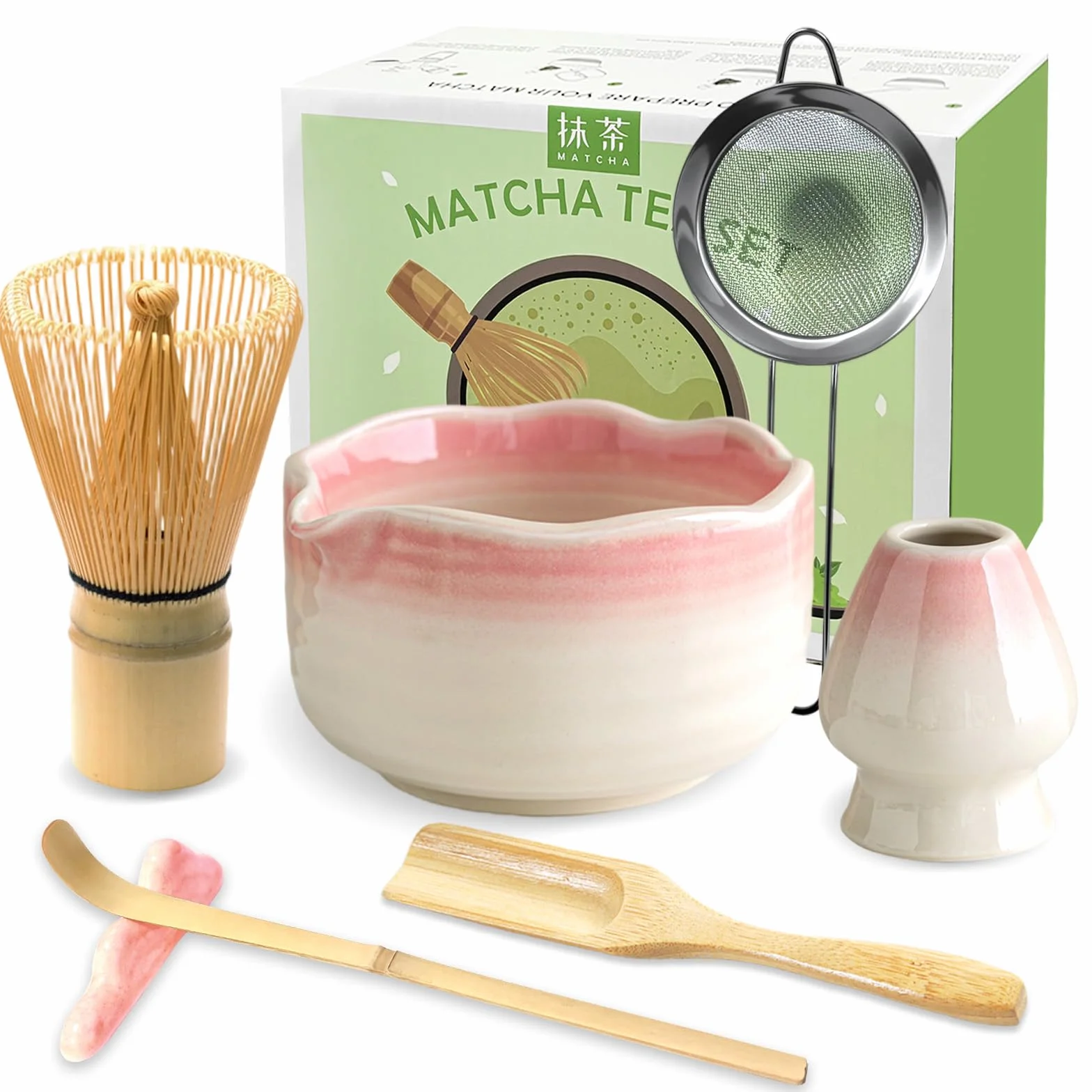 JBER Zestaw do matcha 7-Częściowy - Miotła Bambusowa do matchy, Ceramiczna miseczka z nalewką, Sitko do matchy - Kompletny zestaw do herbaty matcha, Różowy Gradient