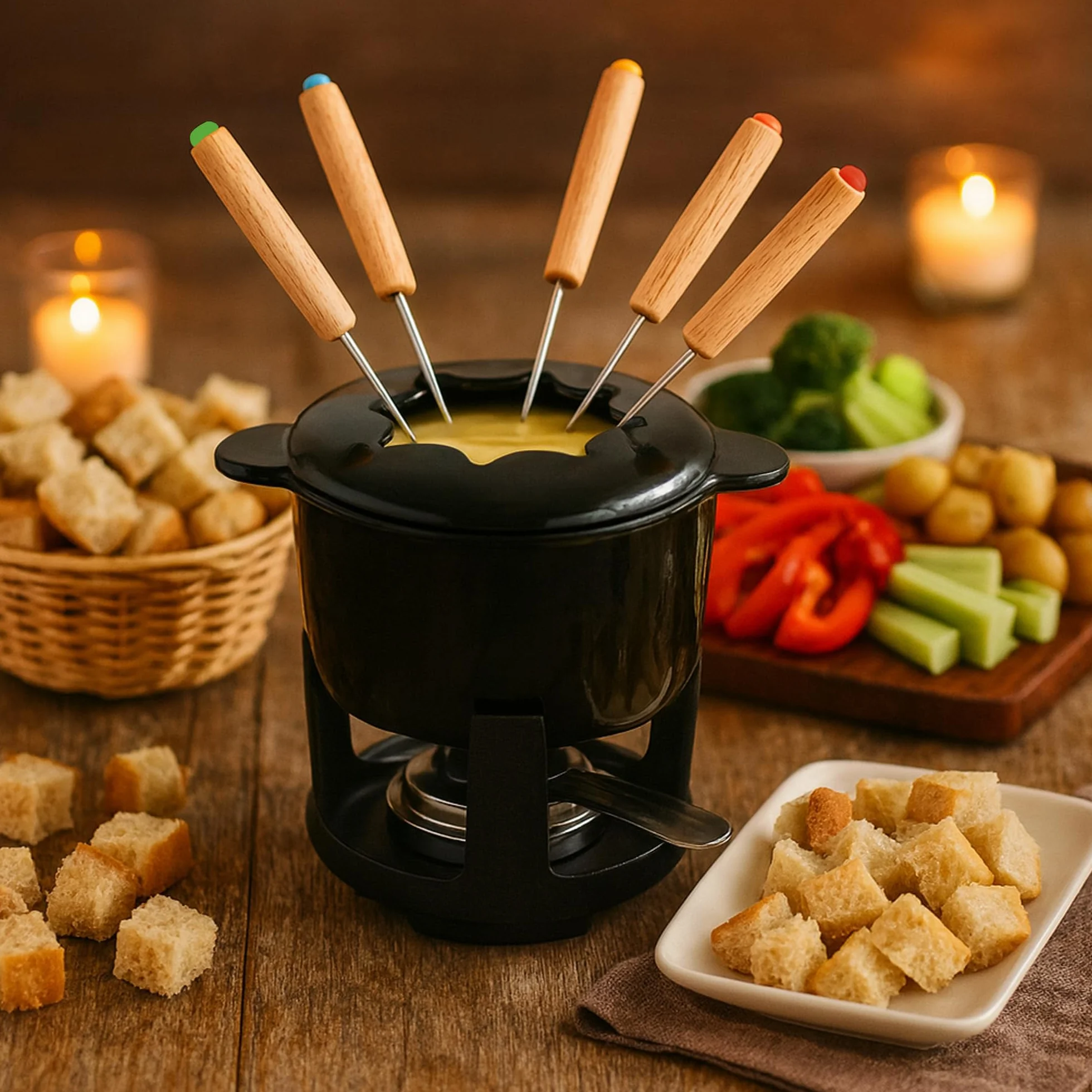 BBQ-Toro Żeliwny zestaw do fondue dla 6 osób, zestaw do fondue, 13-częściowy z palnikiem i widelcami, pojemność 1 l, serem, czekolada, indukcja (czarny/kremowy)
