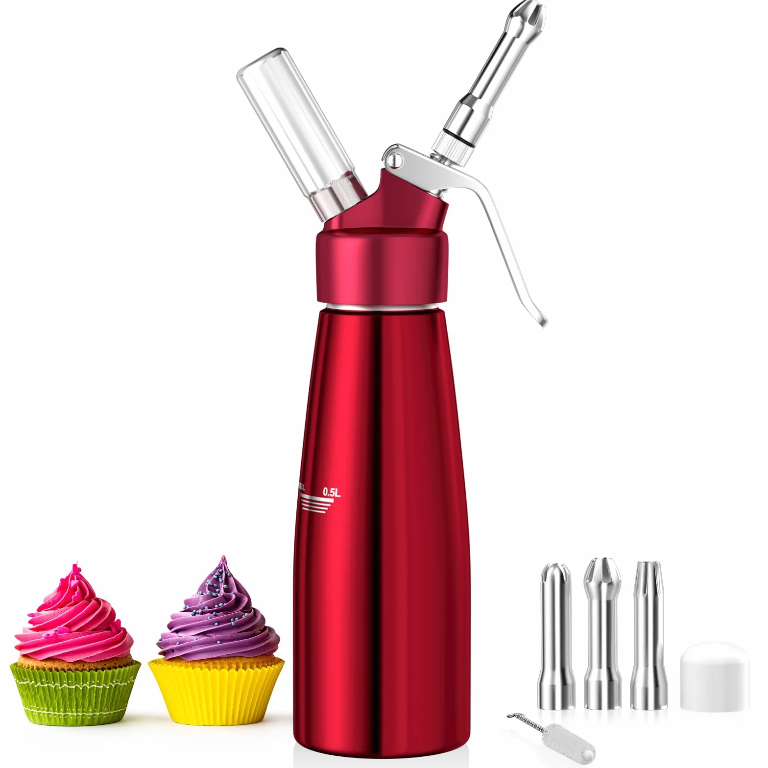 Newaner Syfon do bitej śmietany 500 ml, z aluminium, z 3 końcówkami ze stali nierdzewnej, 1 szczotka do czyszczenia, do dekoracji tortów urodzinowych, ciast, lodów i deserów