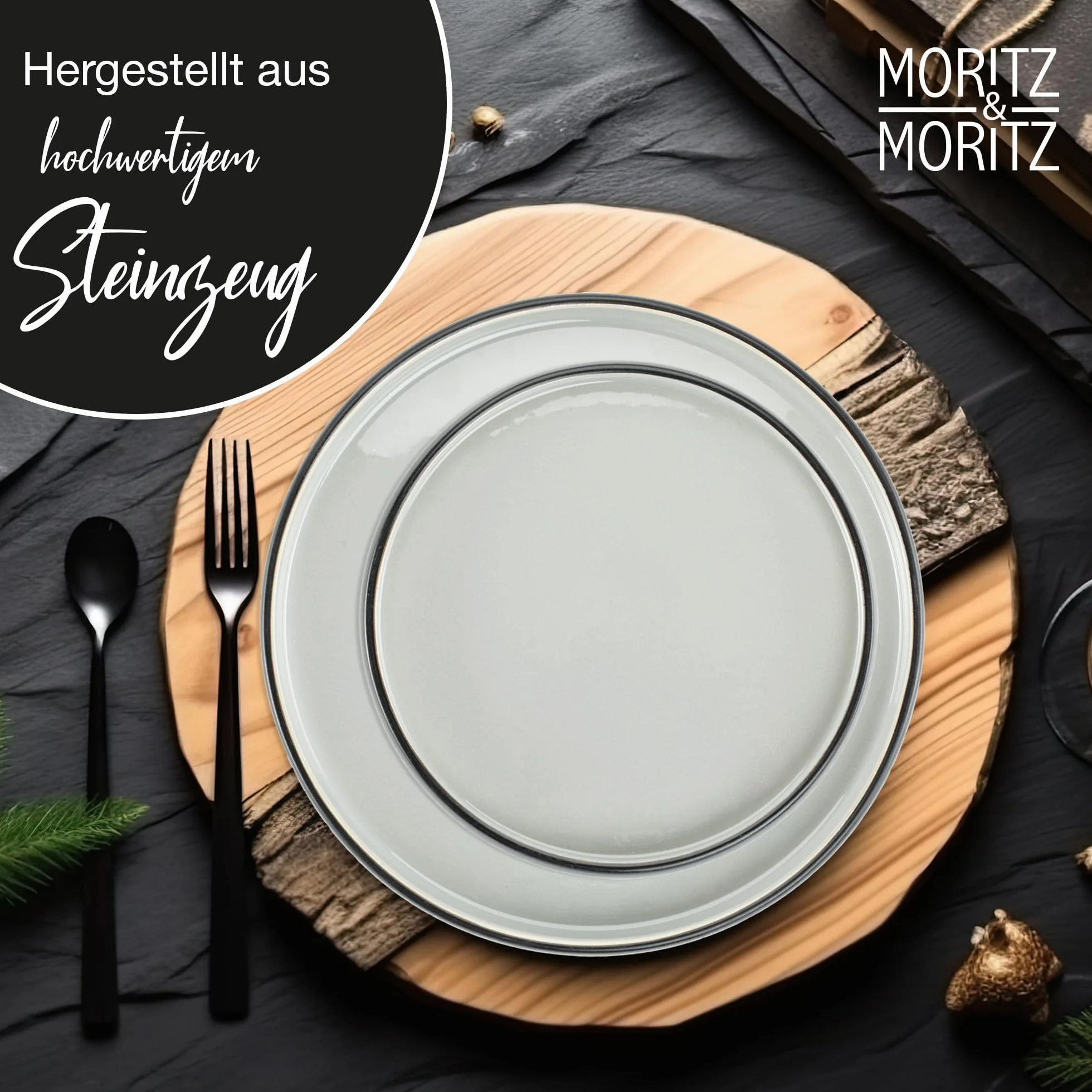 Moritz & Moritz Solid Uni 18-częściowy zestaw naczyń dla 6 osób, szary, nowoczesny, z kamionki, nadaje się do kuchenki mikrofalowej i mycia w zmywarce, zastawa stołowa, serwis obiadowy, dla 6 osób