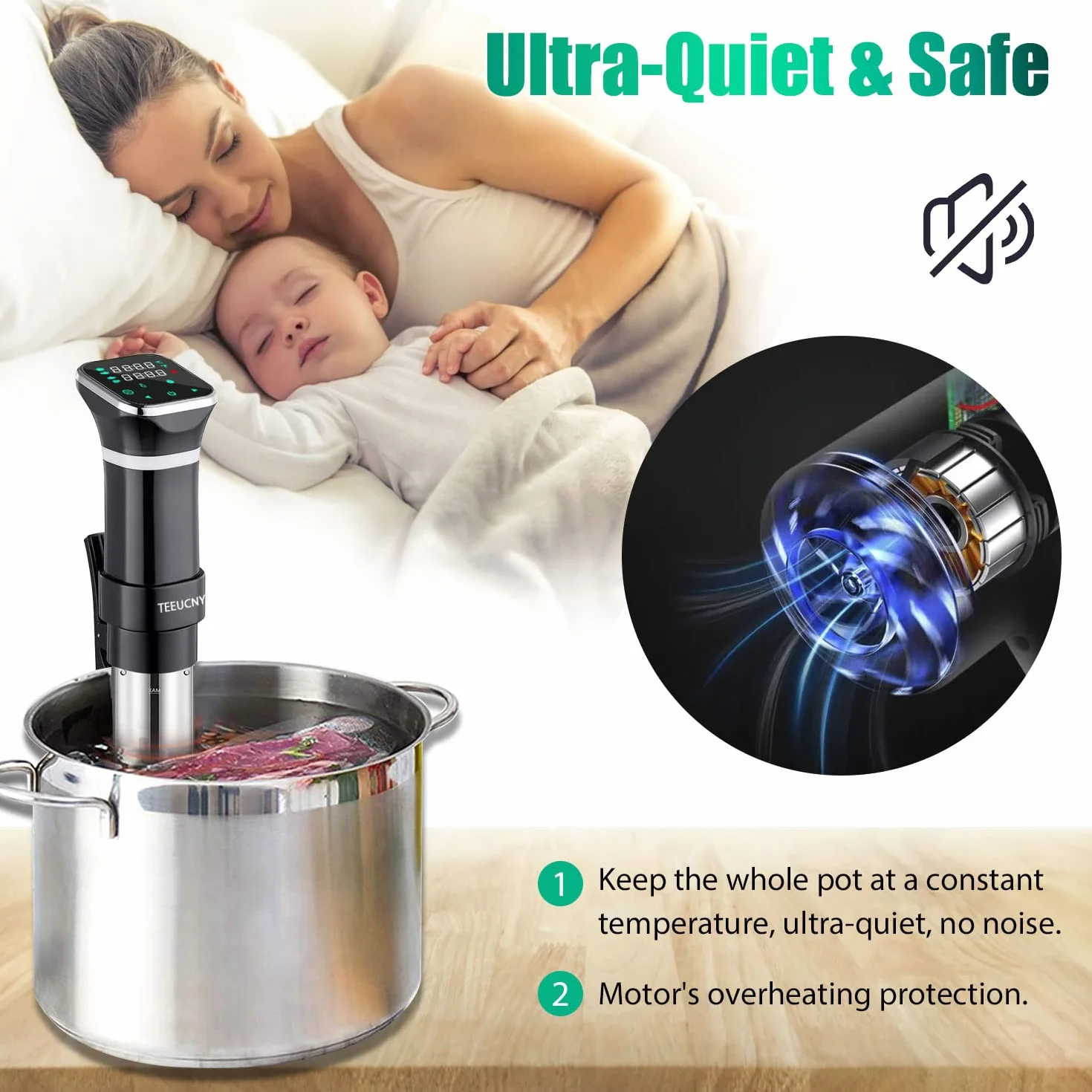Sous Vide, TEEUCNY Sous-vide Stick precyzyjny garnek do gotowania 1100 W, cyrkulator zanurzeniowy, precyzyjne ustawienie temperatury, cyfrowy timer, ultra cichy, dotykowy wyświetlacz LCD, stal