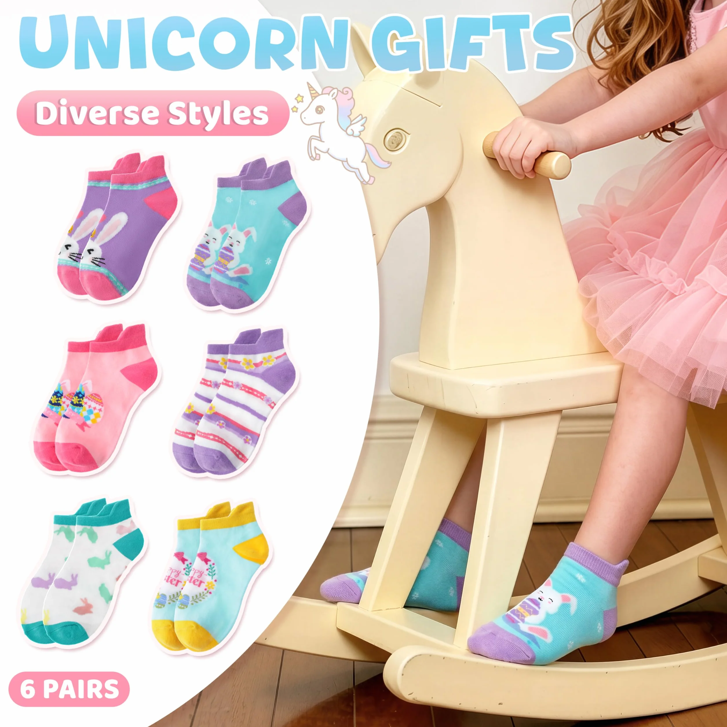 Kids Girls Unicorn Socks Ankle No Show Socks Fashion Novelty Cotton Socks 6 Pairs